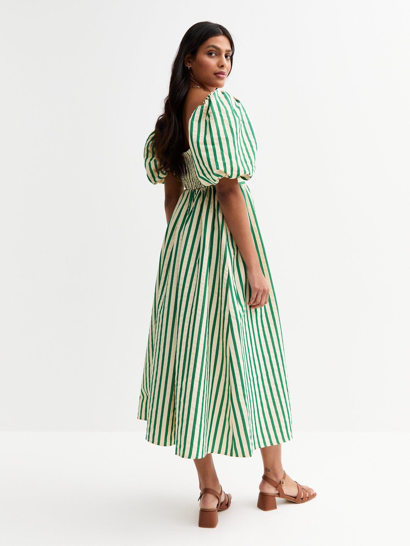 Image 2 of 5 of New Look Green Striped Puffed Sleeve Midi Dress