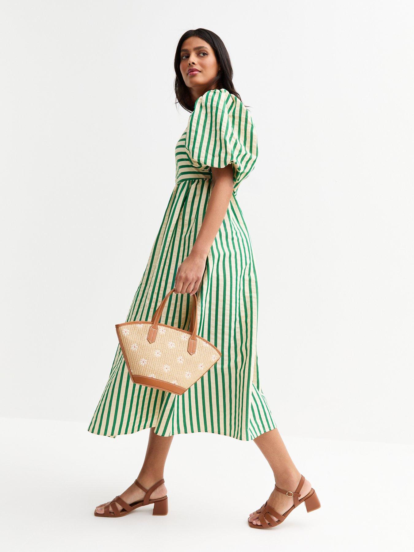 Image 3 of 5 of New Look Green Striped Puffed Sleeve Midi Dress