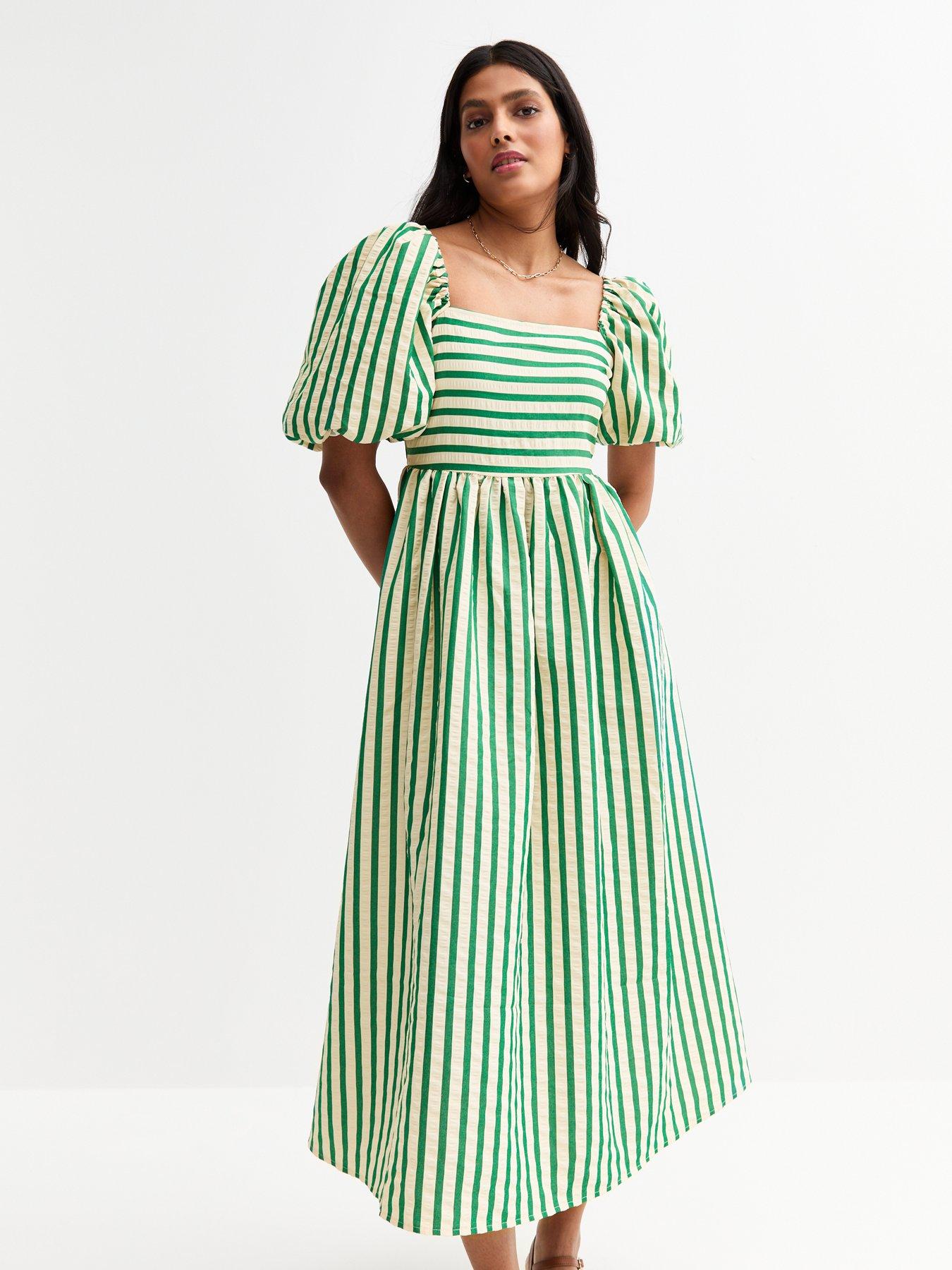 Image 4 of 5 of New Look Green Striped Puffed Sleeve Midi Dress