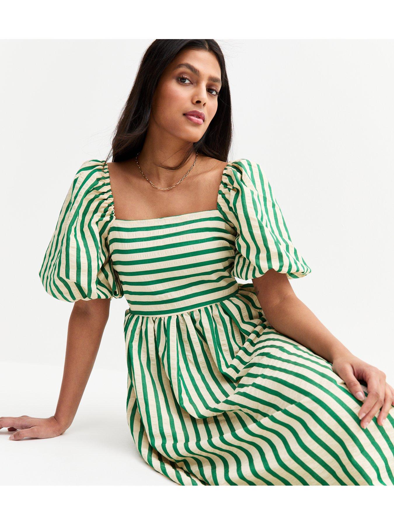 Image 5 of 5 of New Look Green Striped Puffed Sleeve Midi Dress