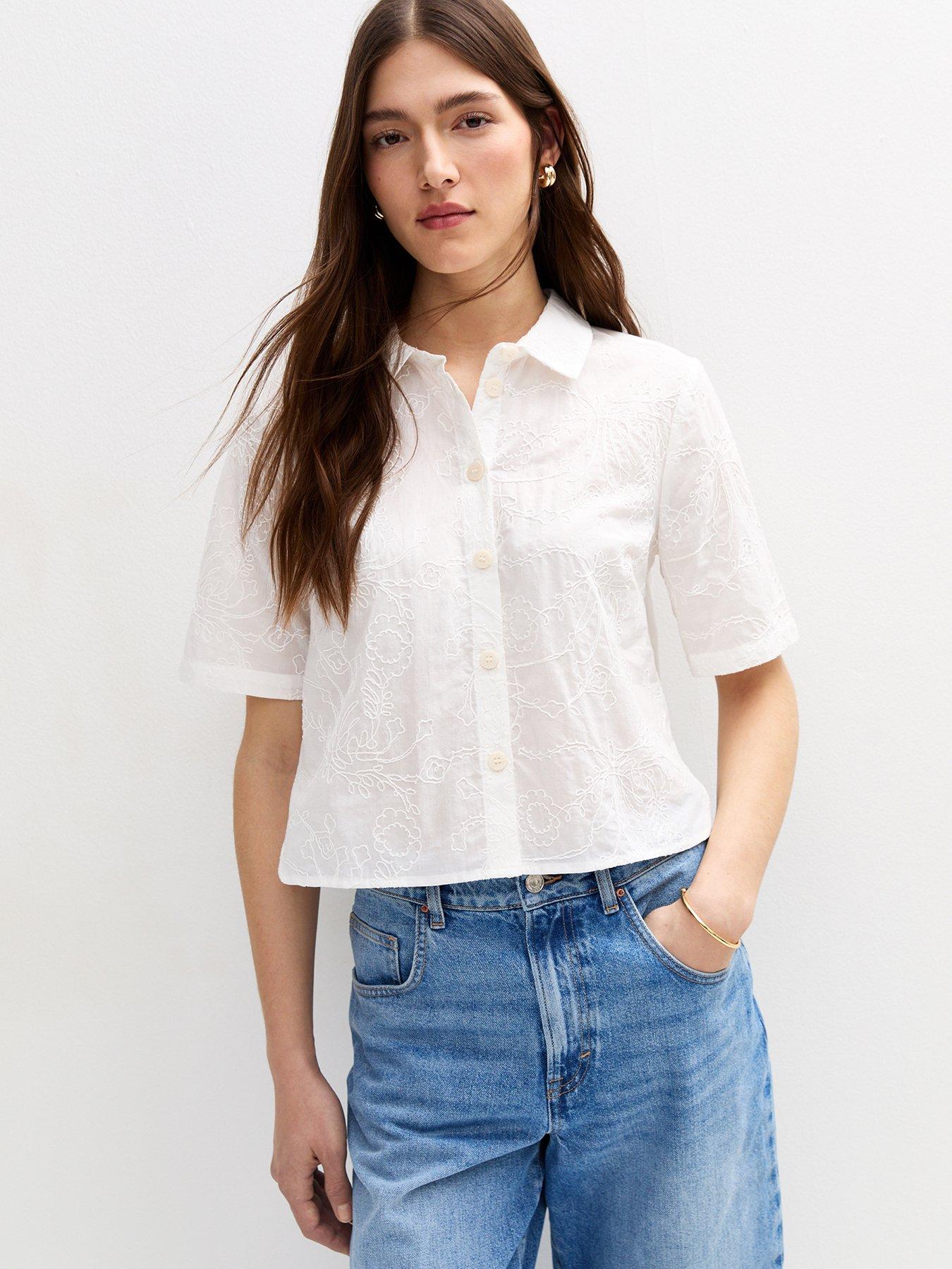 Image of New Look Floral Jacquard Embroidered Short Sleeve Shirt - White