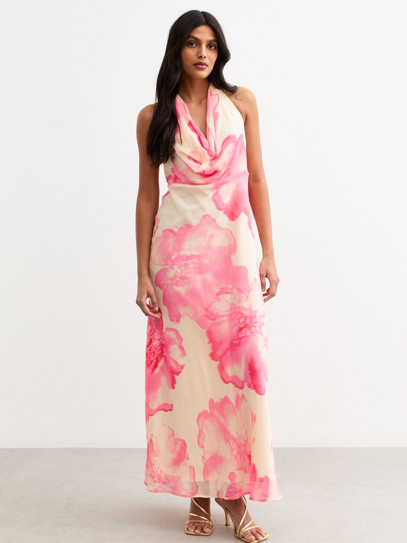 New Look Floral Print Halter Neck Chiffon Midaxi Dress - Pink