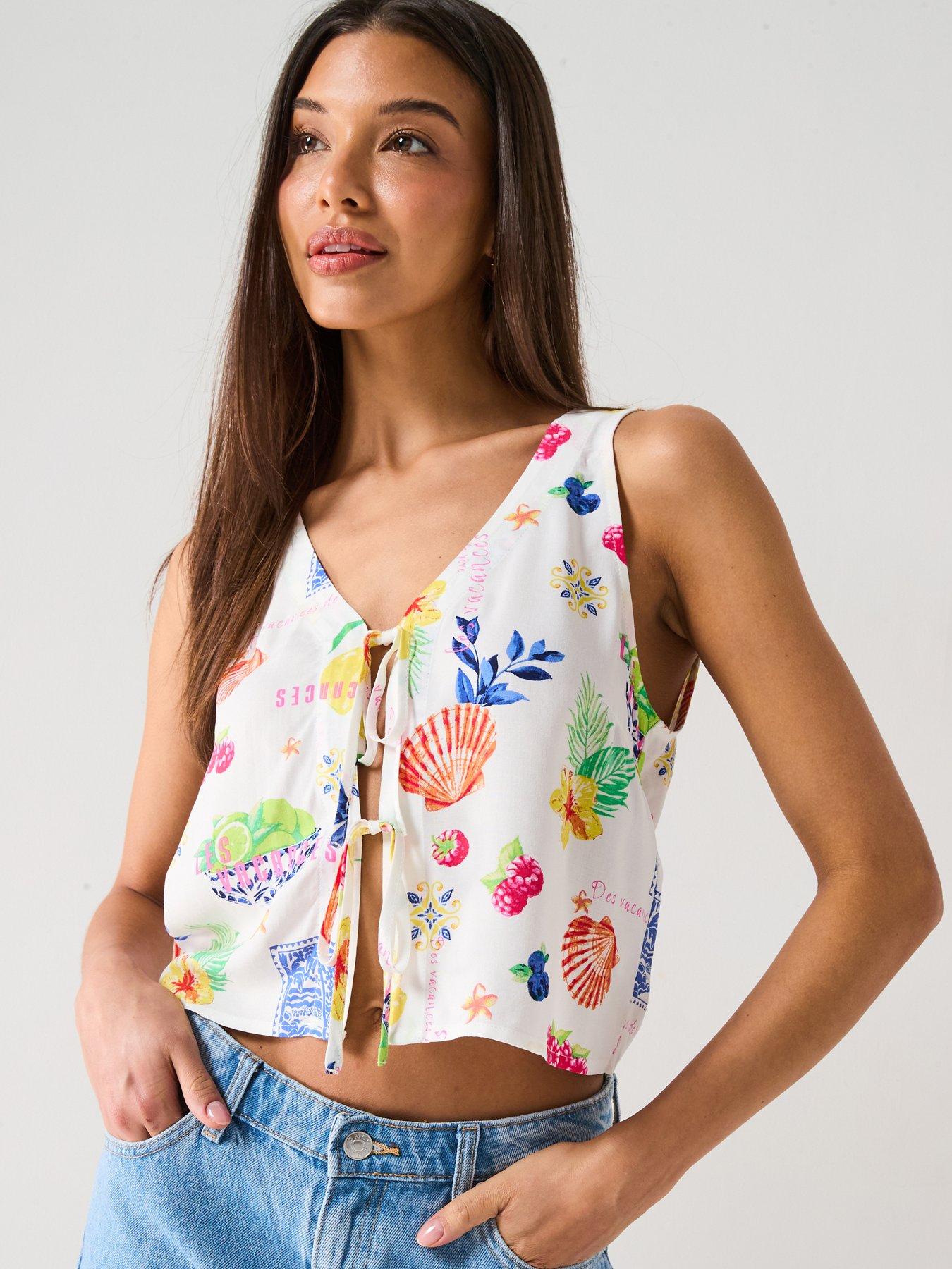 Image of Only Tie Front Summer Print Top - White
