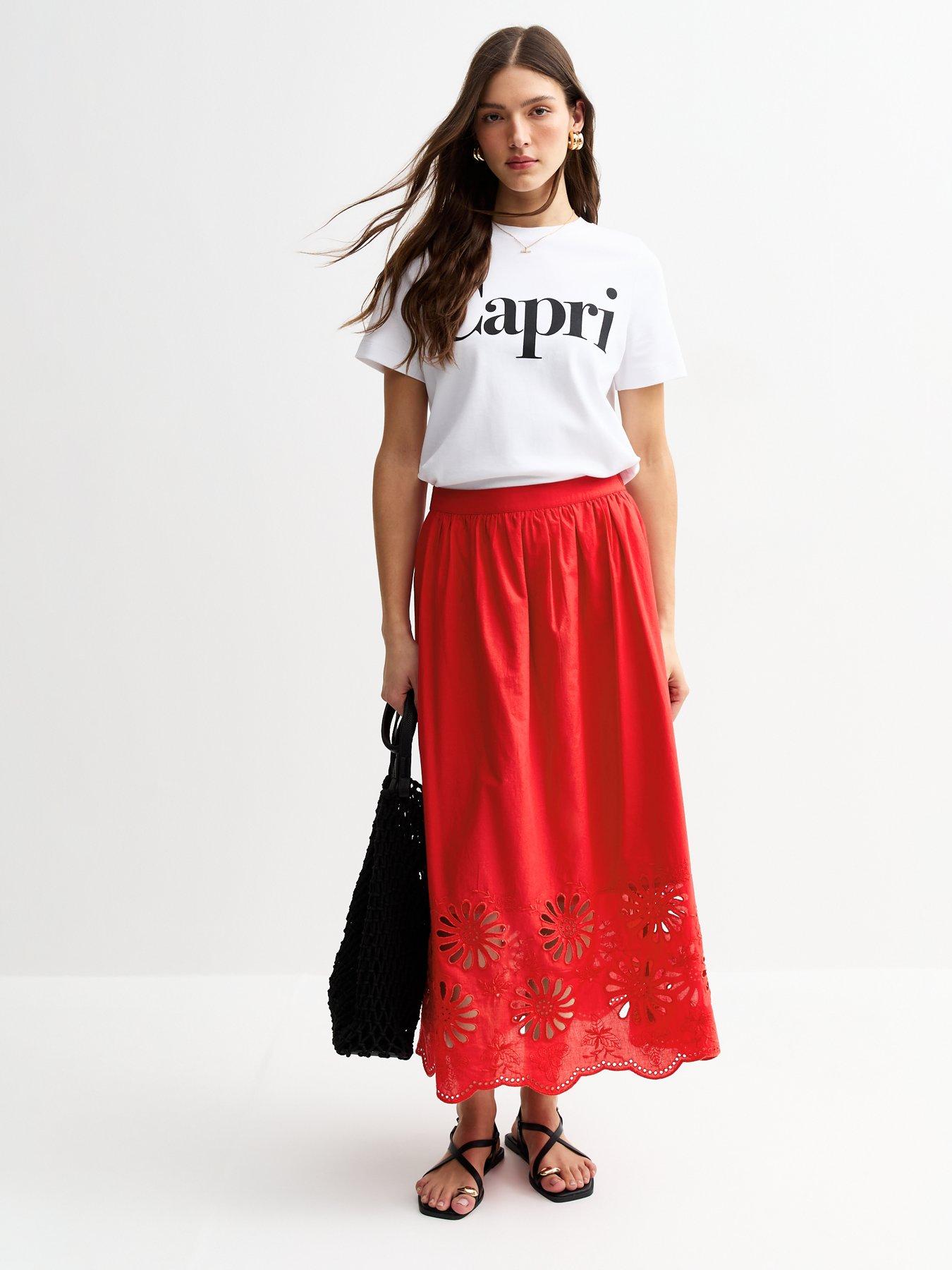 Image 1 of 5 of New Look Embroidered Hem Midi Skirt - Red