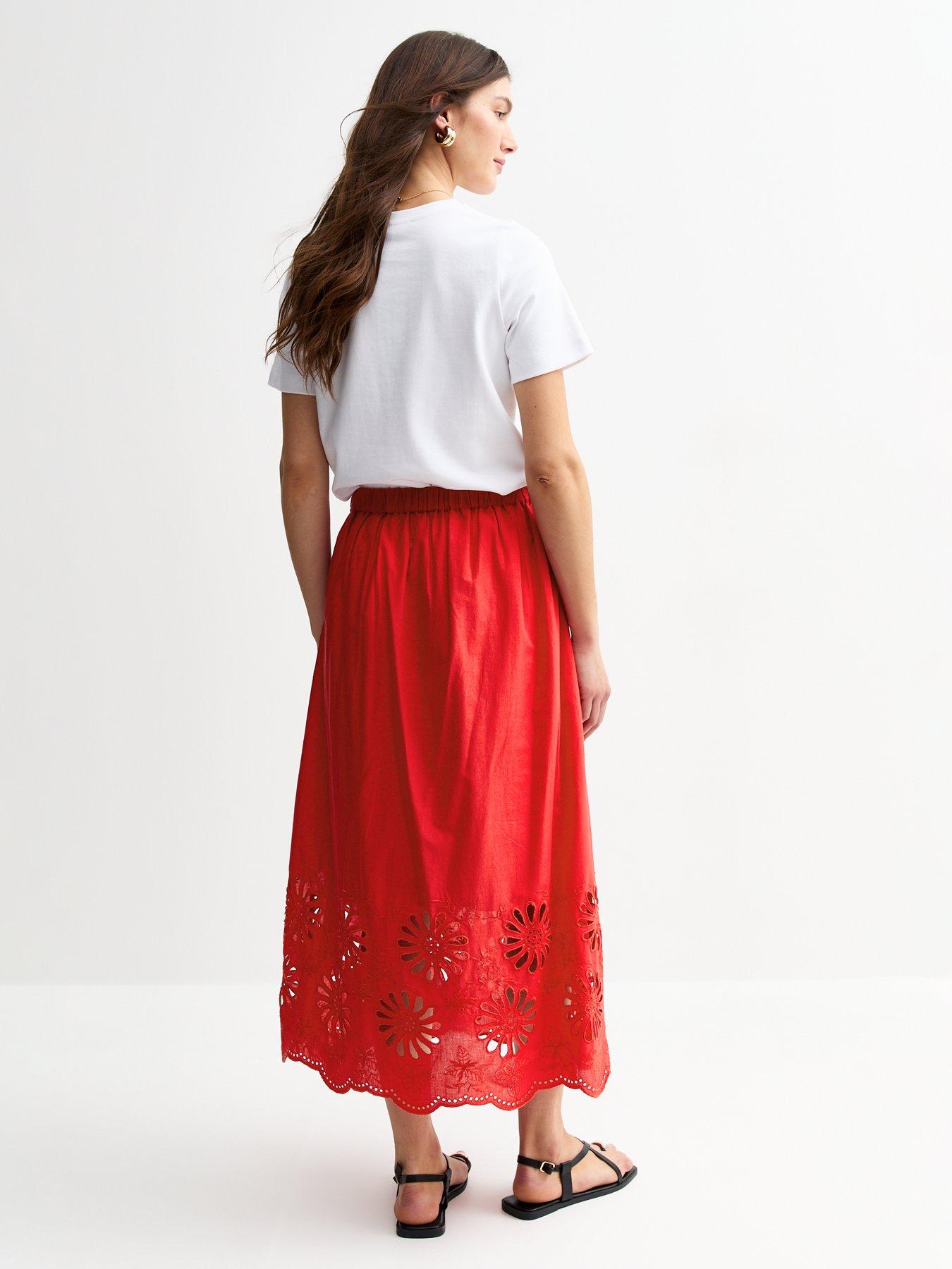 Image 2 of 5 of New Look Embroidered Hem Midi Skirt - Red