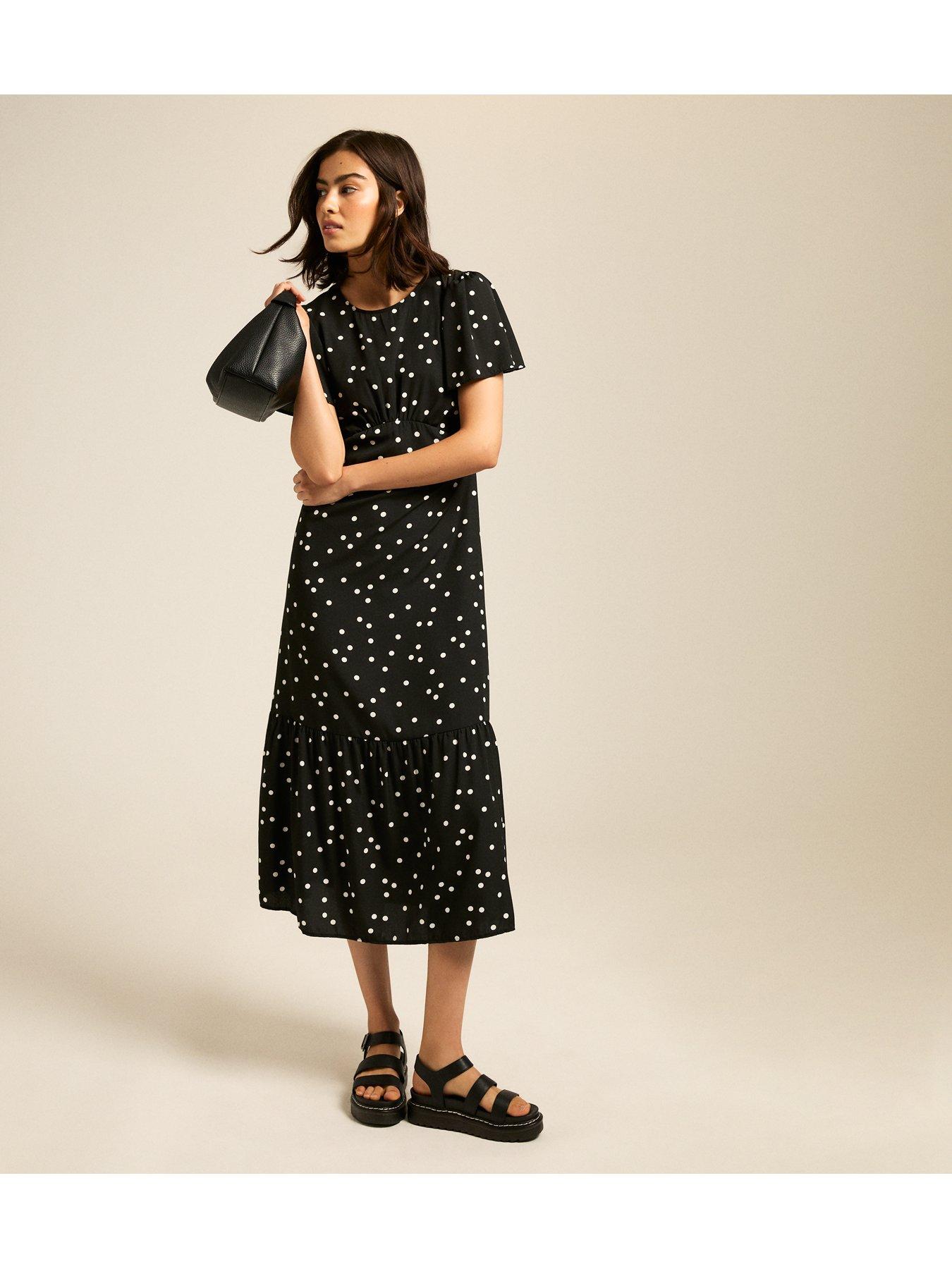Image of New Look Spot Print Frill Sleeve Midi Dress - Black