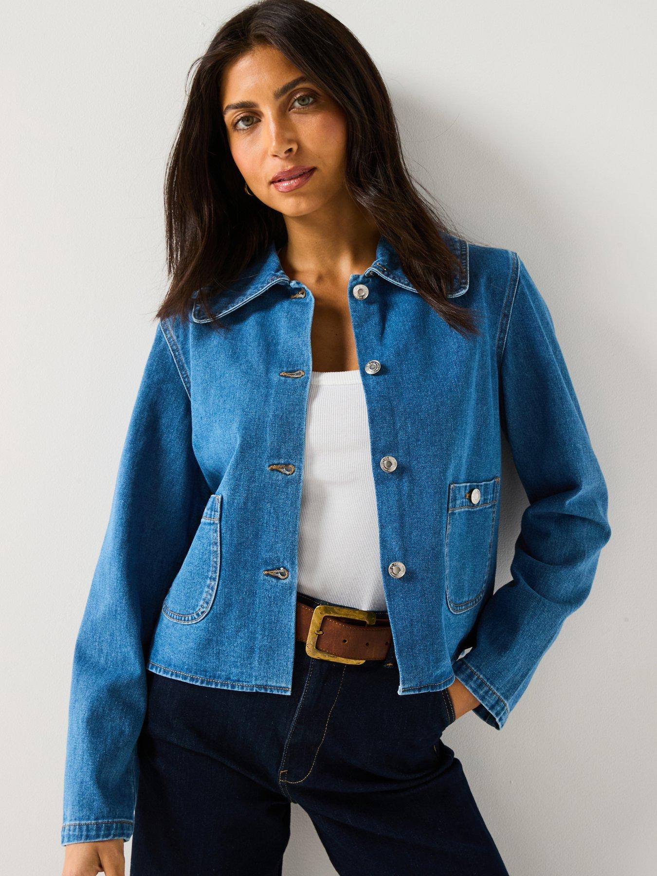undefined Collar Detail Denim Jacket - Blue