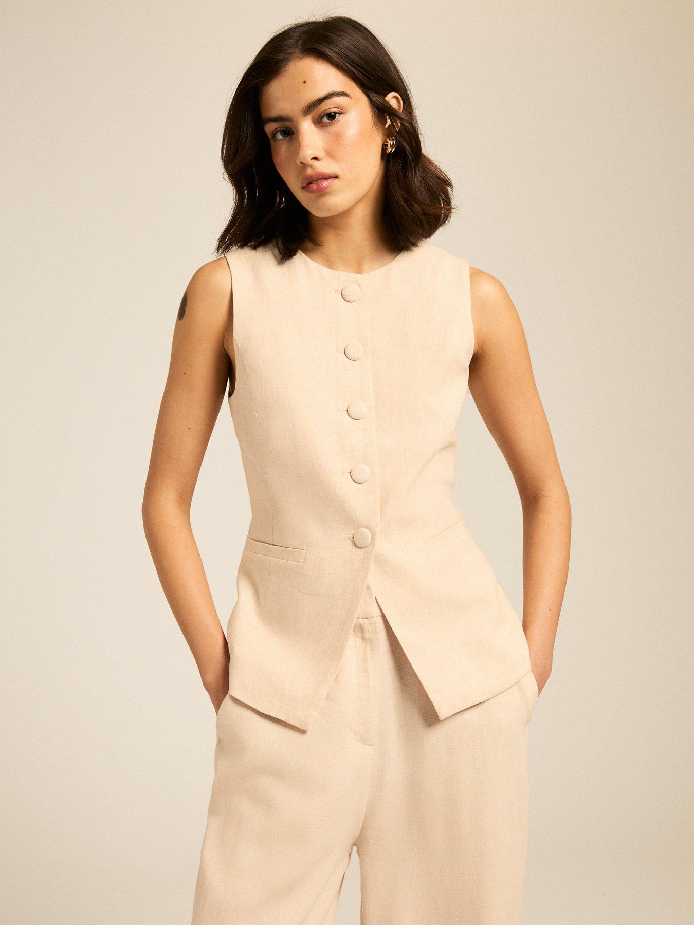 Image of New Look Cream Crew Neck Linen Blend Waistcoat - Beige