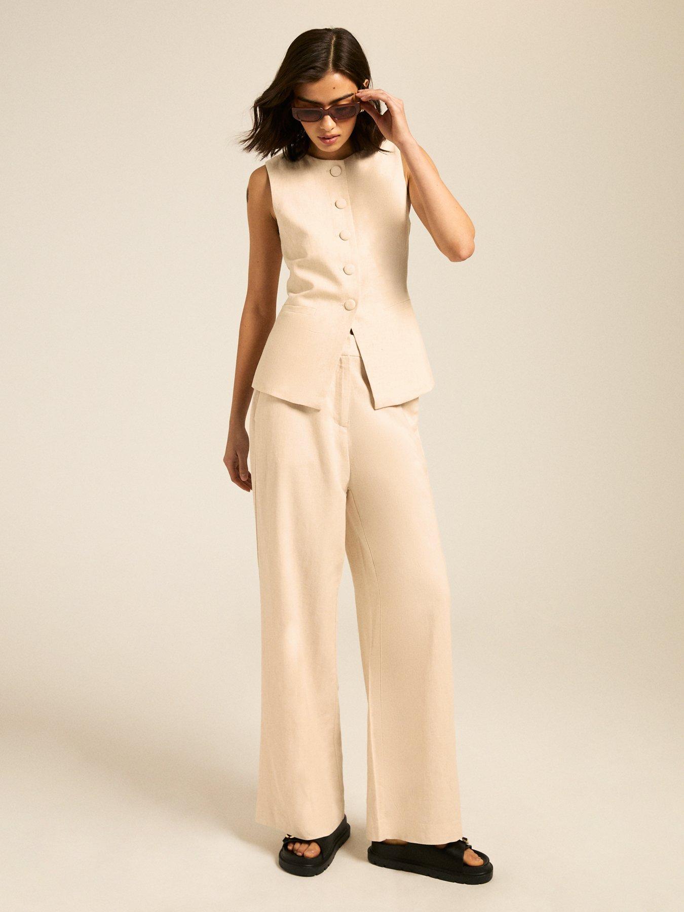 New Look Stone Linen Blend Wide Leg Trousers - Beige