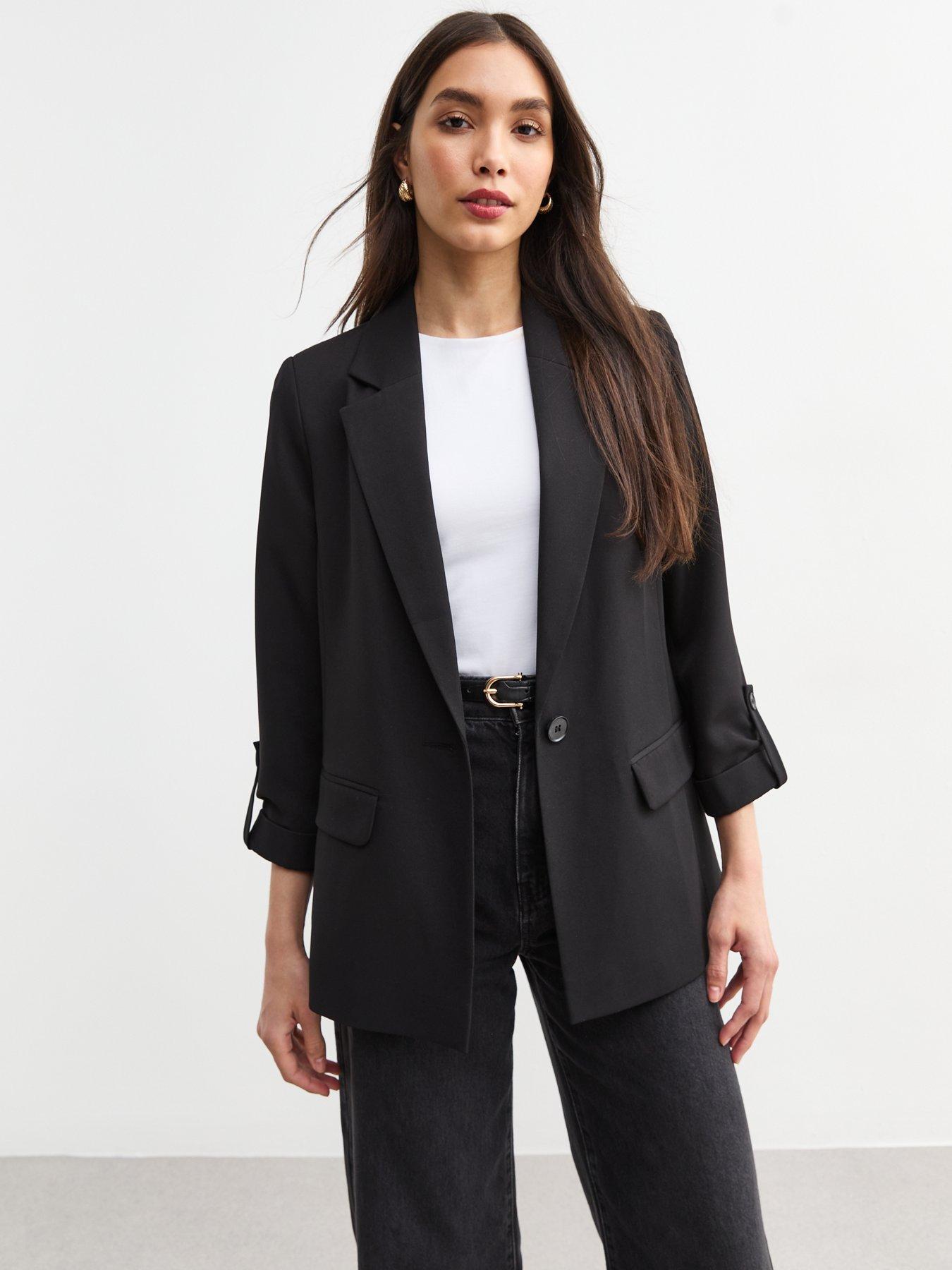Image 1 of 5 of New Look Black Cropped Sleeve Blazer