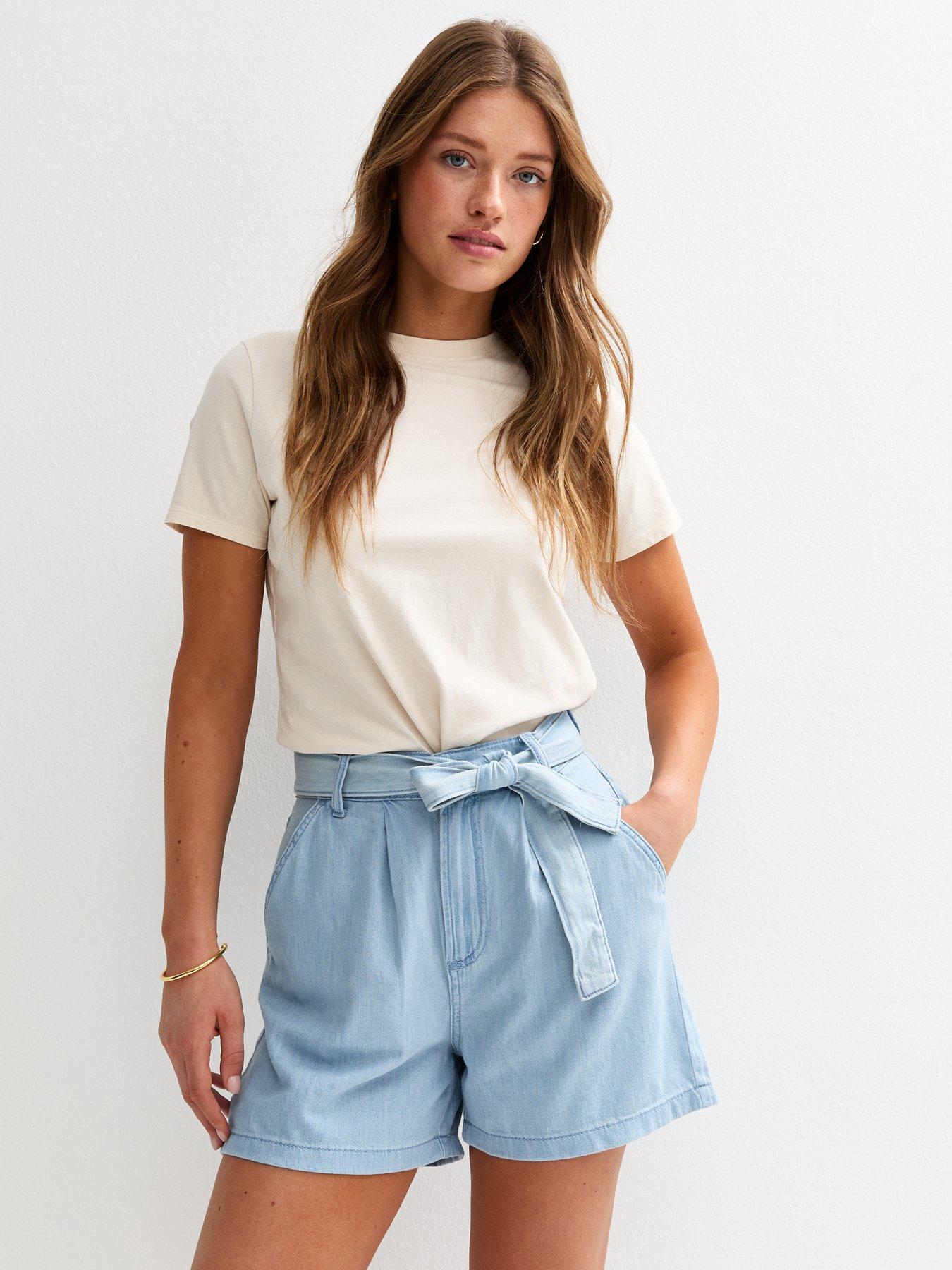 Image 1 of 4 of New Look Pleat Belted Denim Shorts - Light Blue