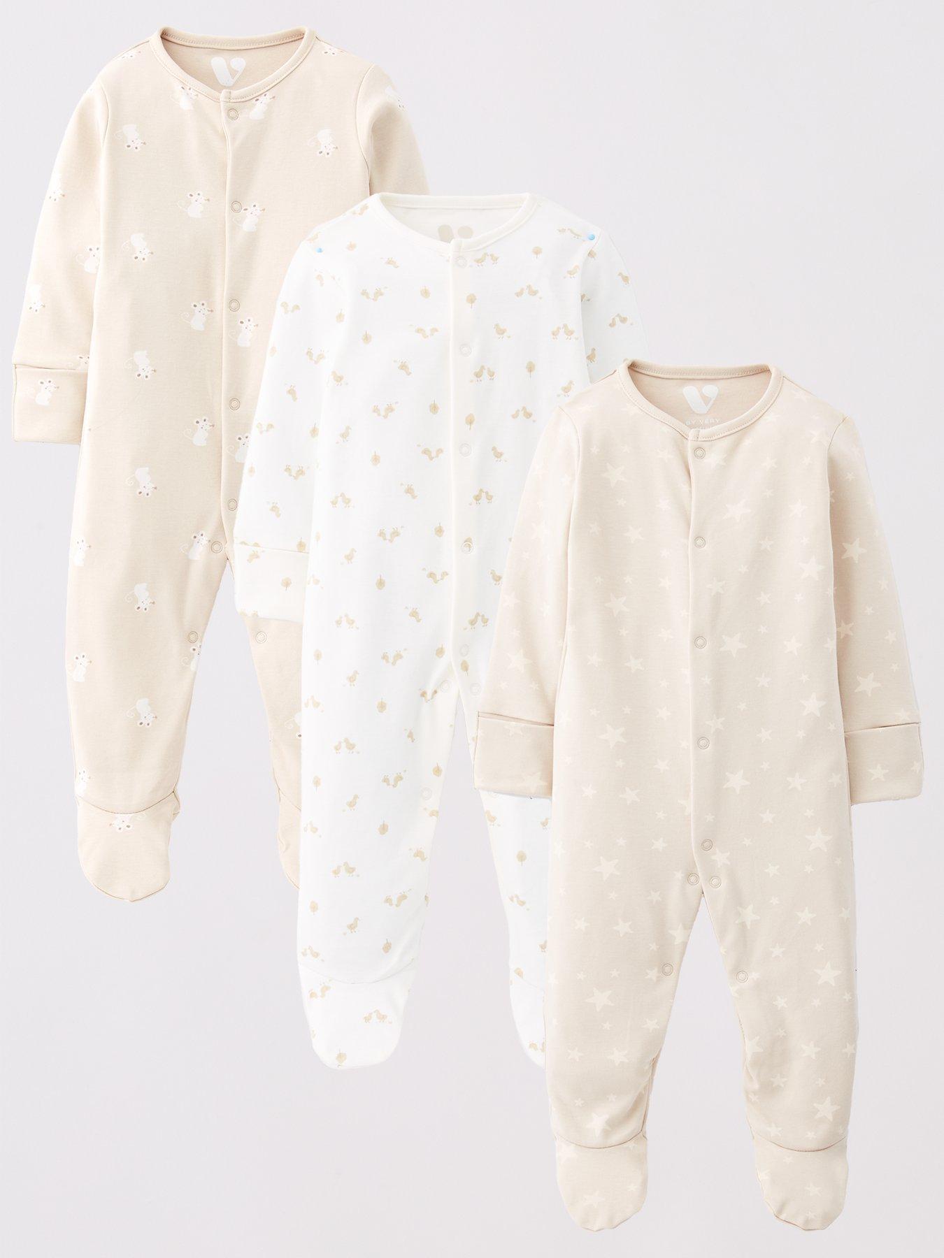 Mini V by Very Baby Unisex Animal 3 Pack Sleepsuits - Cream
