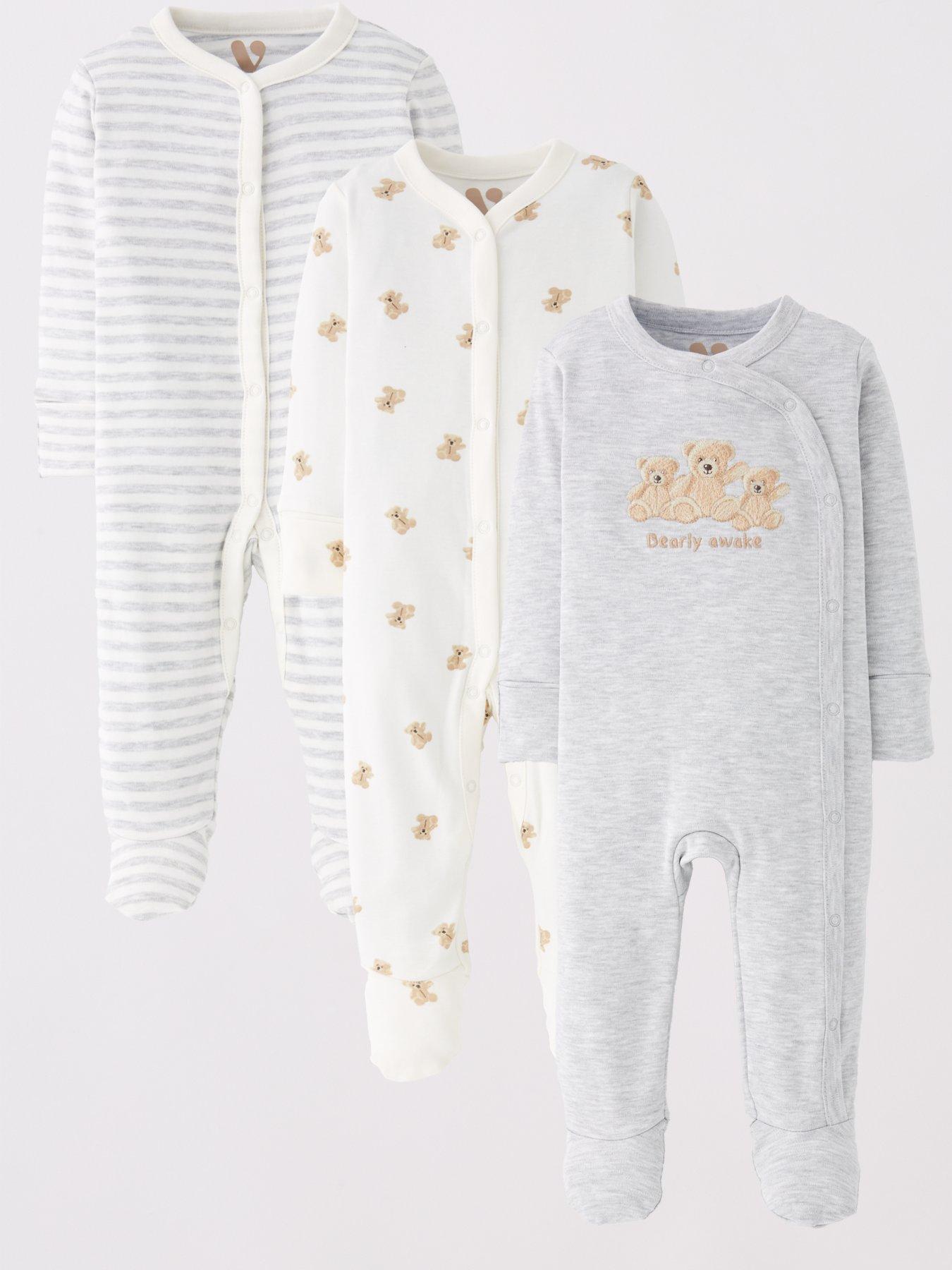 Image 1 of 5 of Mini V by Very Baby Boys 3 Pack Teddy Bear Sleepsuits - Beige