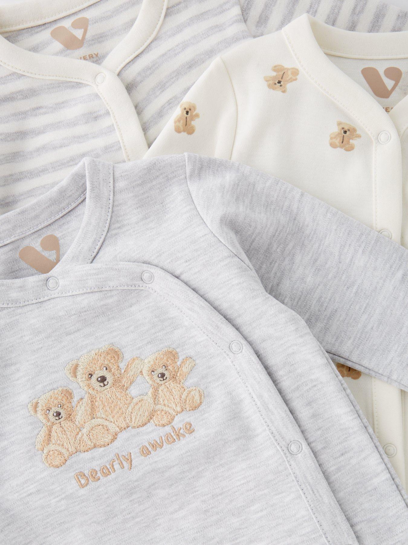 Image 5 of 5 of Mini V by Very Baby Boys 3 Pack Teddy Bear Sleepsuits - Beige