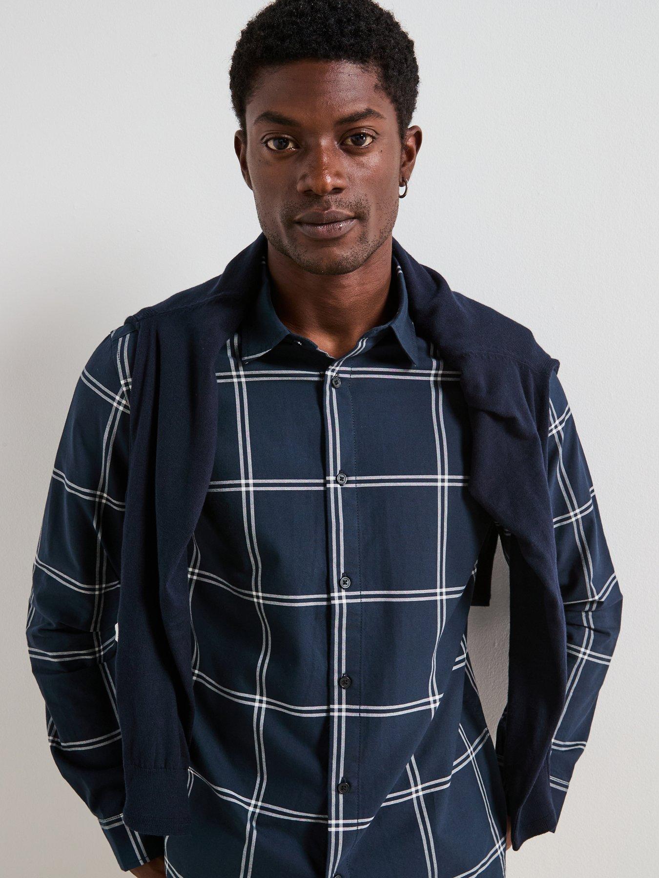Very Man Pure Cotton Windowpane Check Oxford Long Sleeve Shirt - Navy
