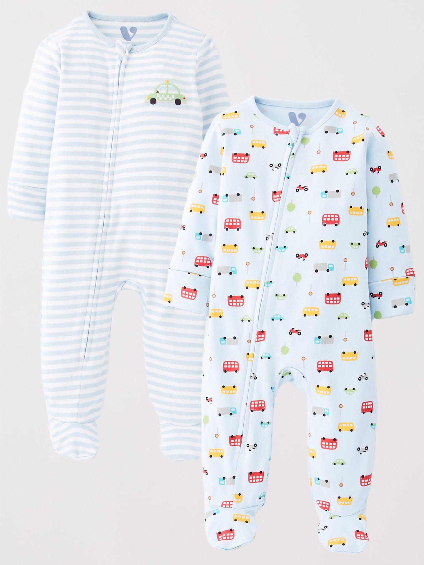 Mini V by Very Baby Boys 2 Pack Transport Stripe Sleepsuits - Multi