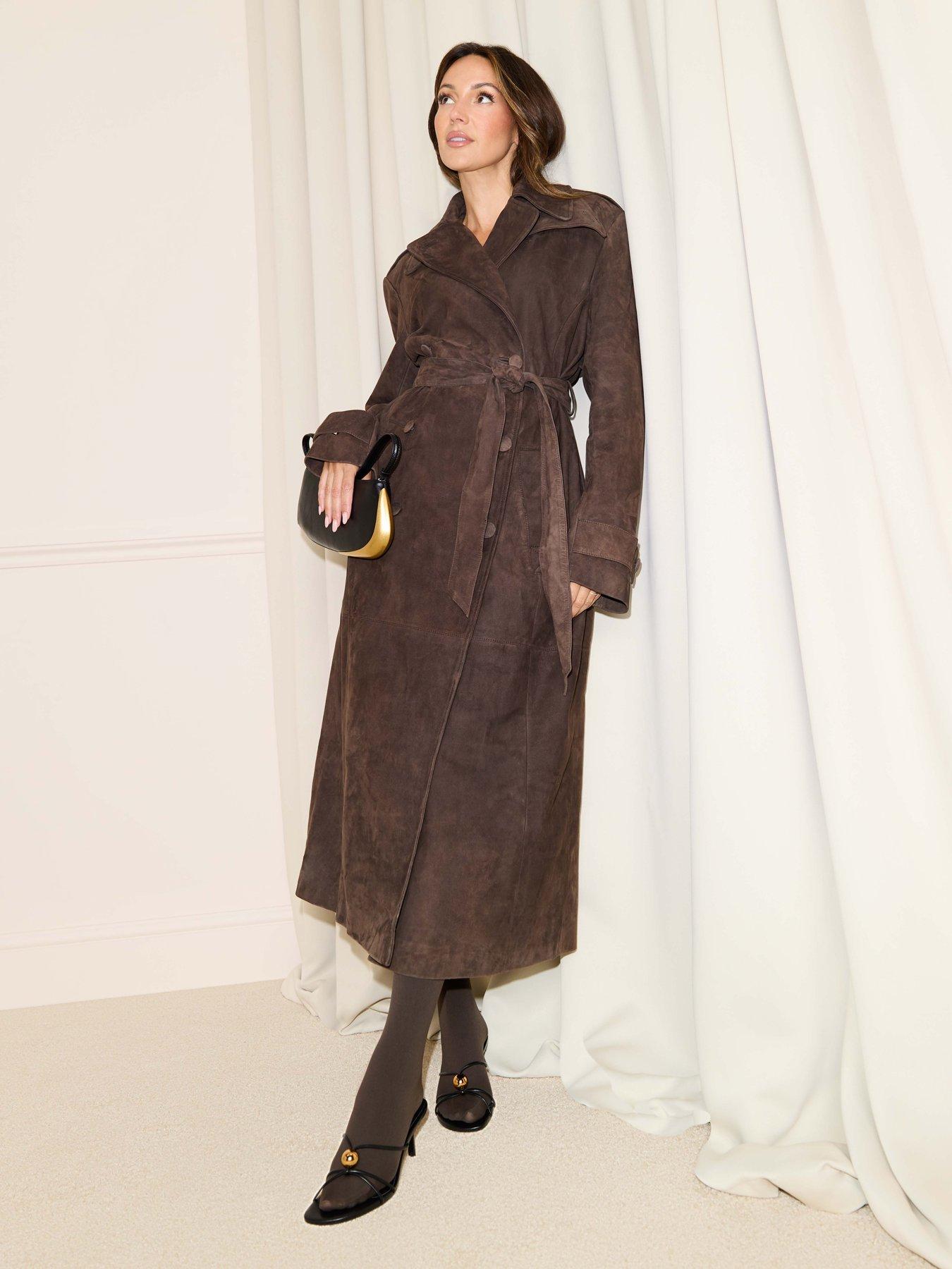 michelle-keegan-real-suede-trench-coat-brownfront