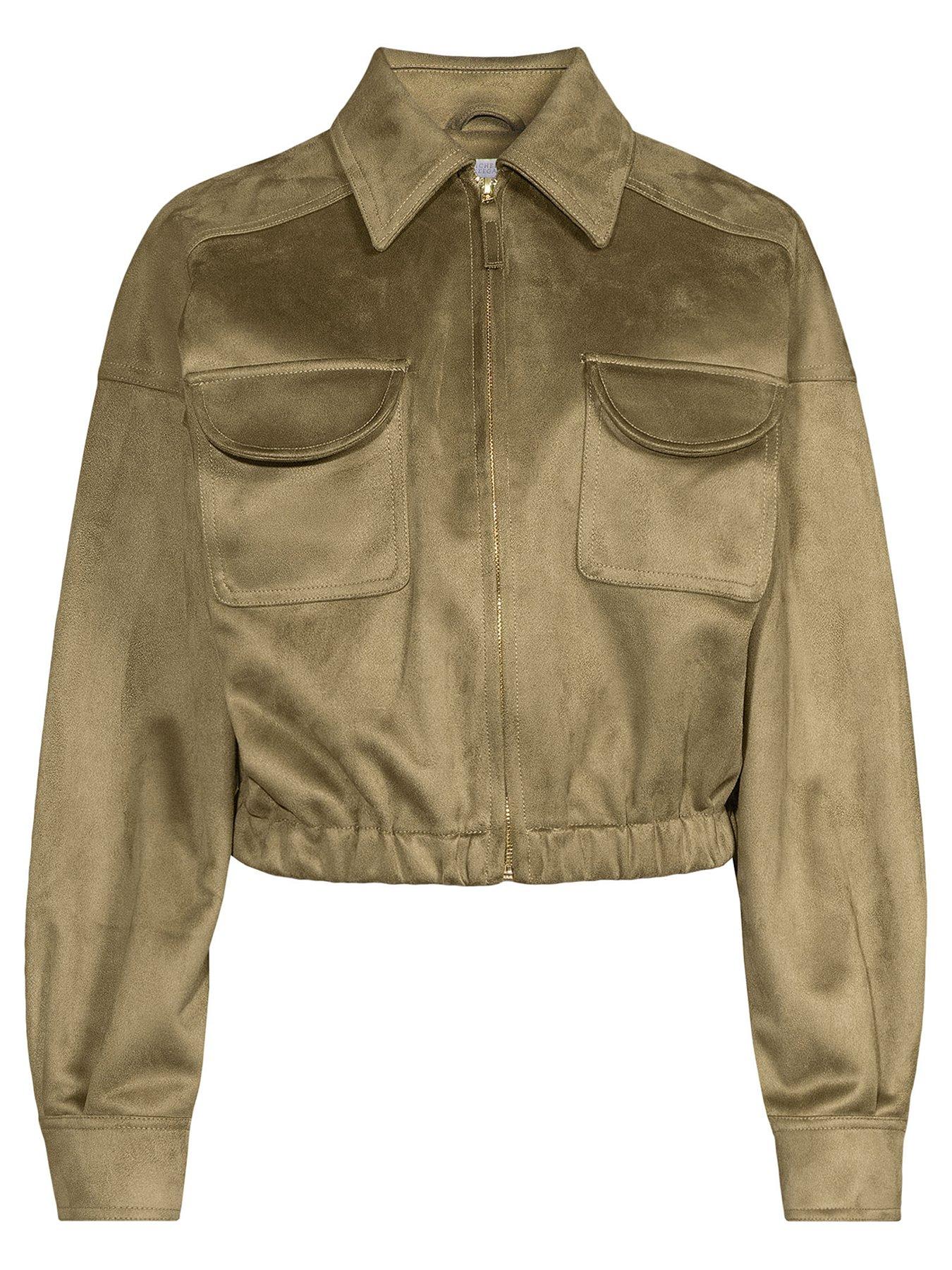 Image 4 of 4 of Michelle Keegan Faux Suede Bomber Jacket - Green