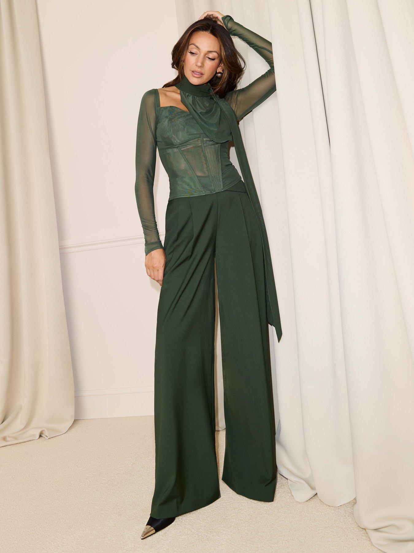 Michelle Keegan Wide Leg Tailored Wrap Detail Trousers - Green