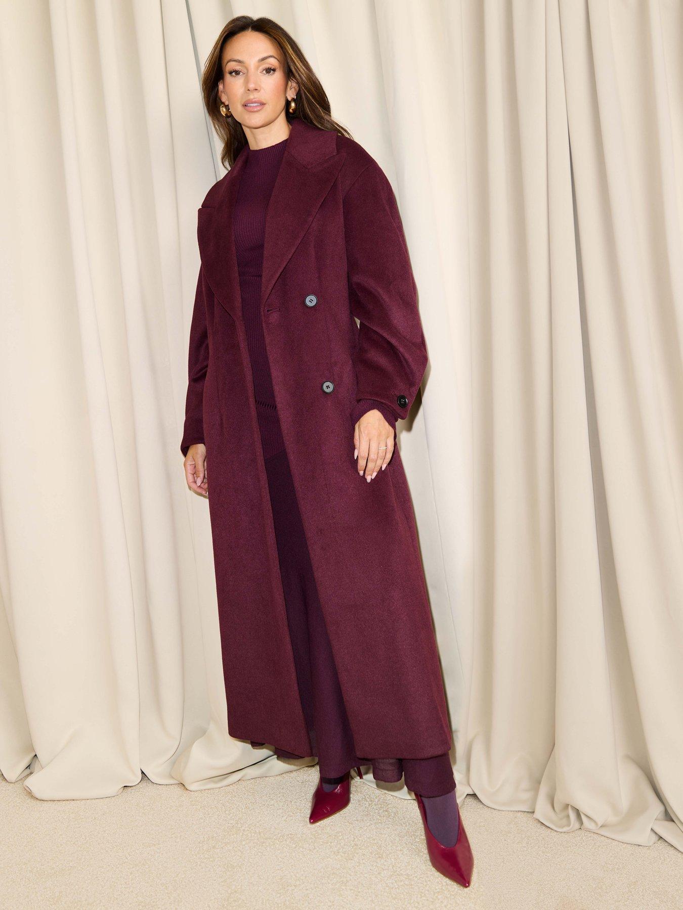 Michelle Keegan Wool Blend Cocoon Formal Coat - Burgundy