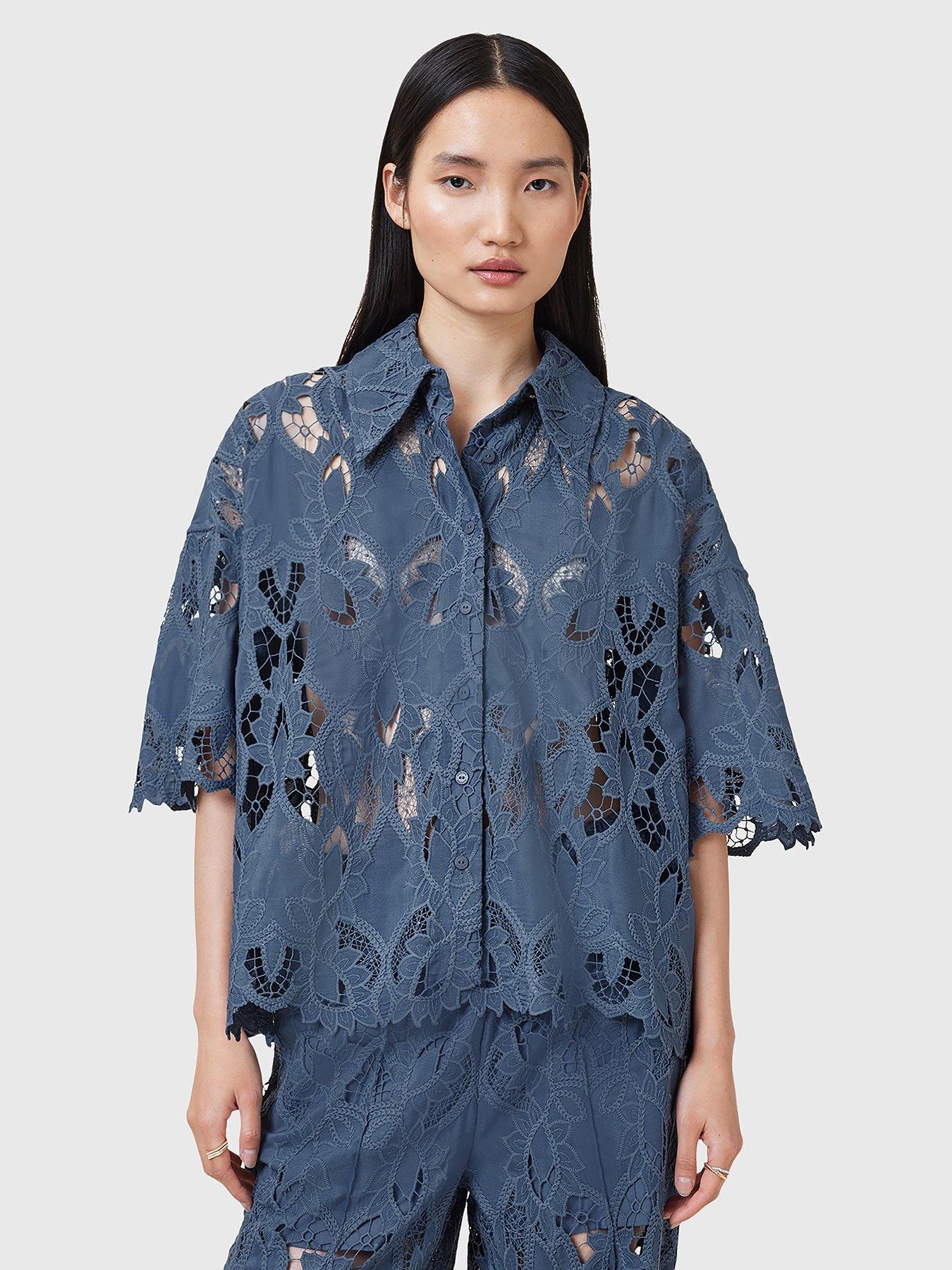 Image 1 of 6 of AllSaints Charli Embroidered Shirt - Light Blue