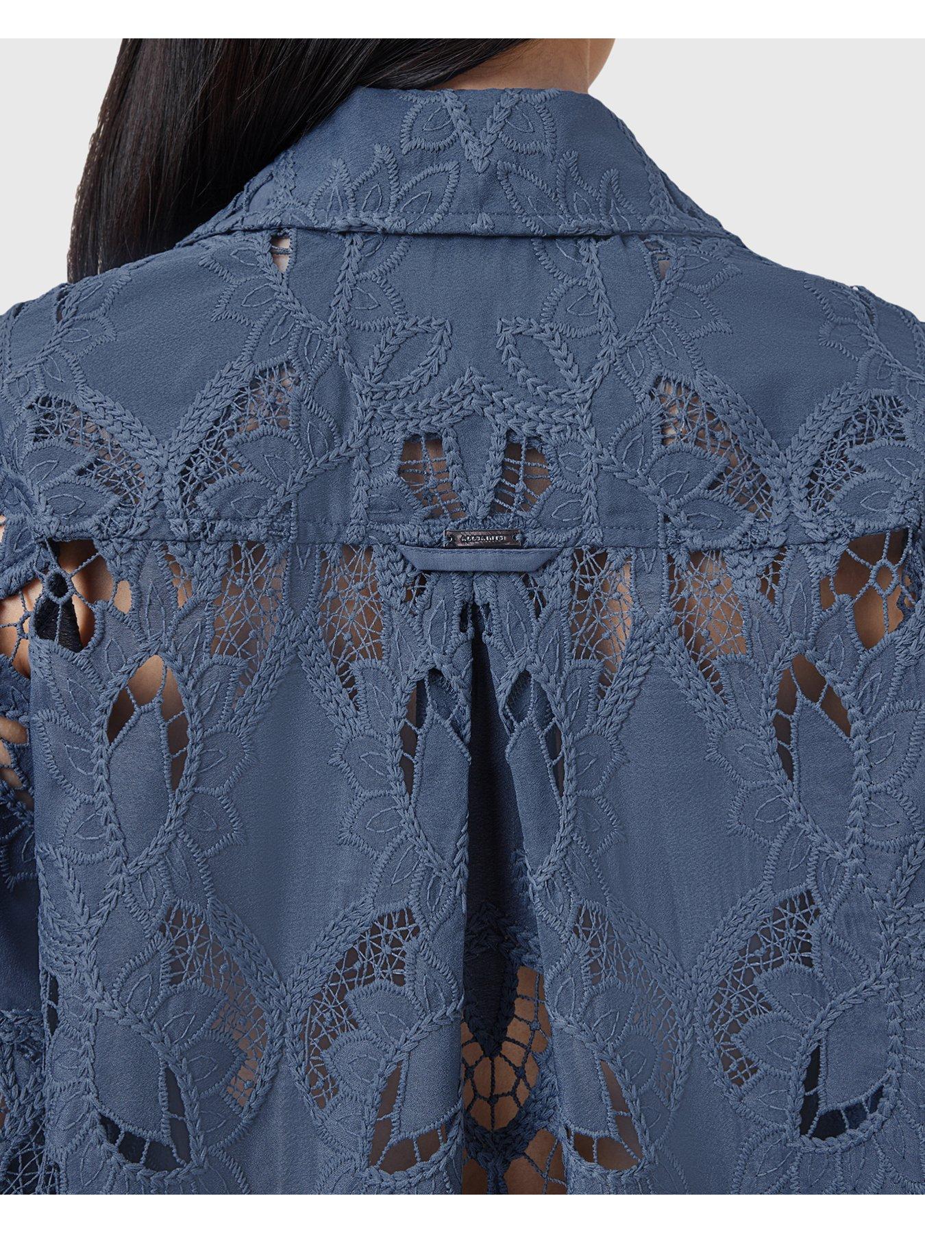 Image 4 of 6 of AllSaints Charli Embroidered Shirt - Light Blue