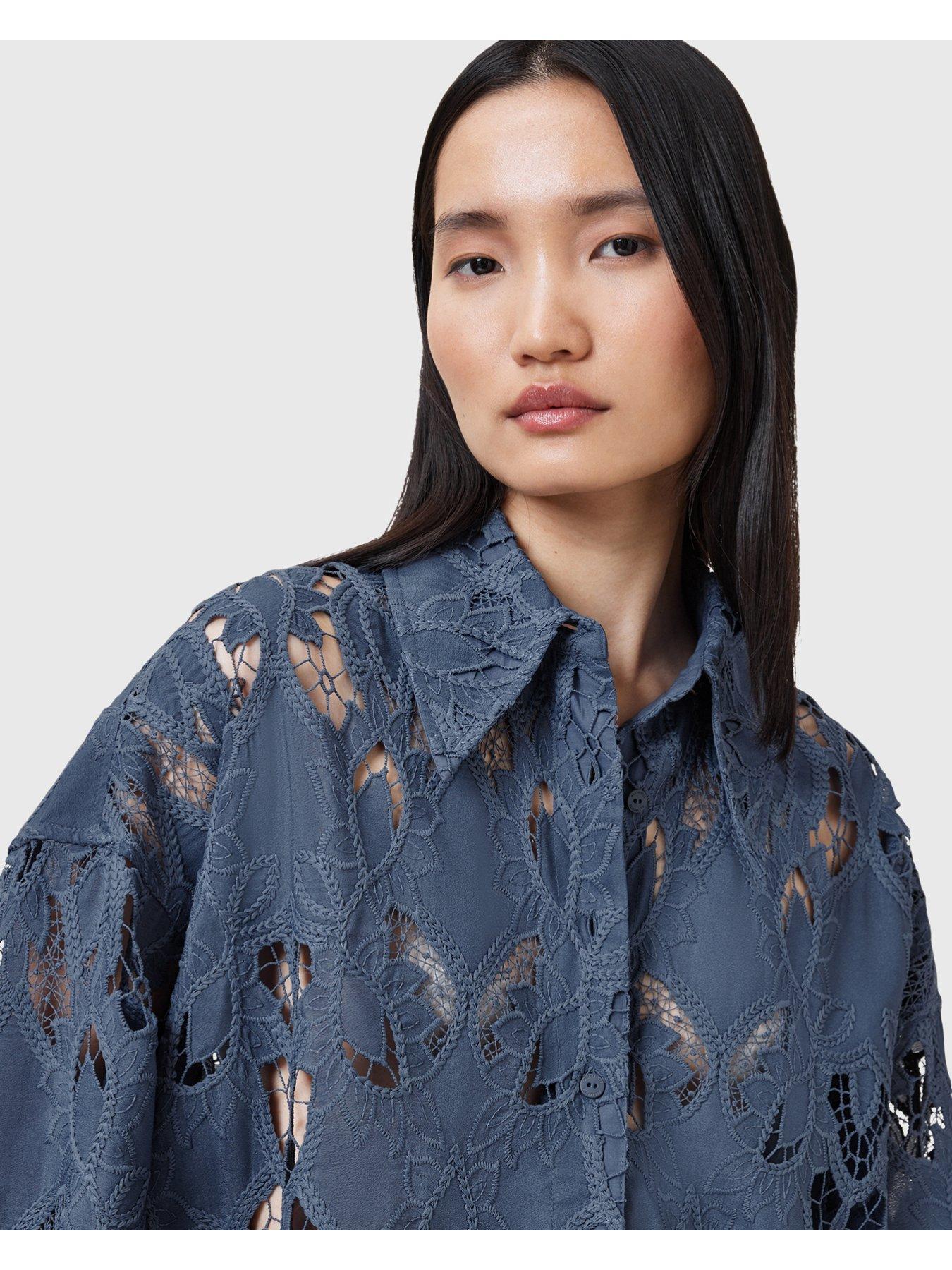 Image 5 of 6 of AllSaints Charli Embroidered Shirt - Light Blue