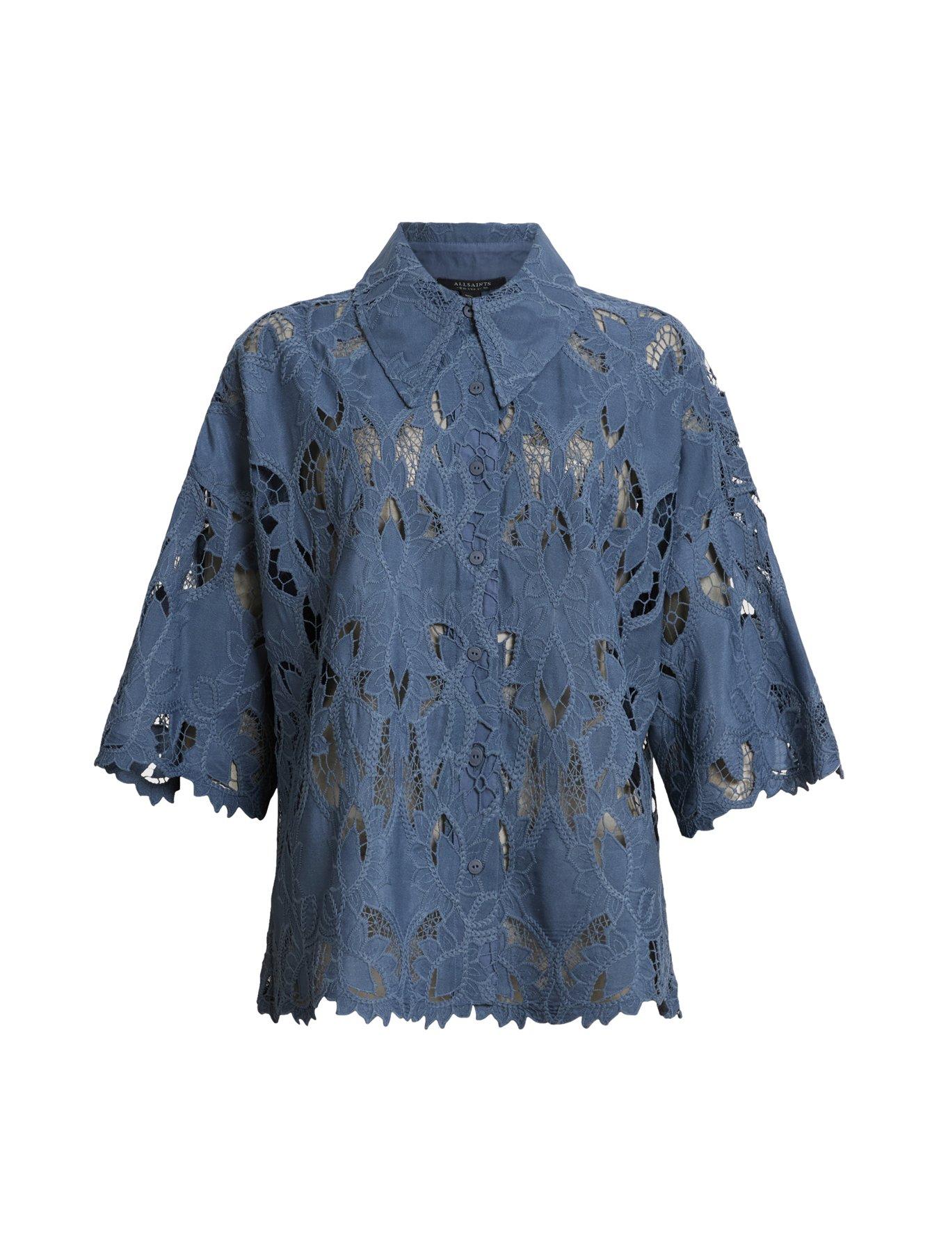 Image 6 of 6 of AllSaints Charli Embroidered Shirt - Light Blue