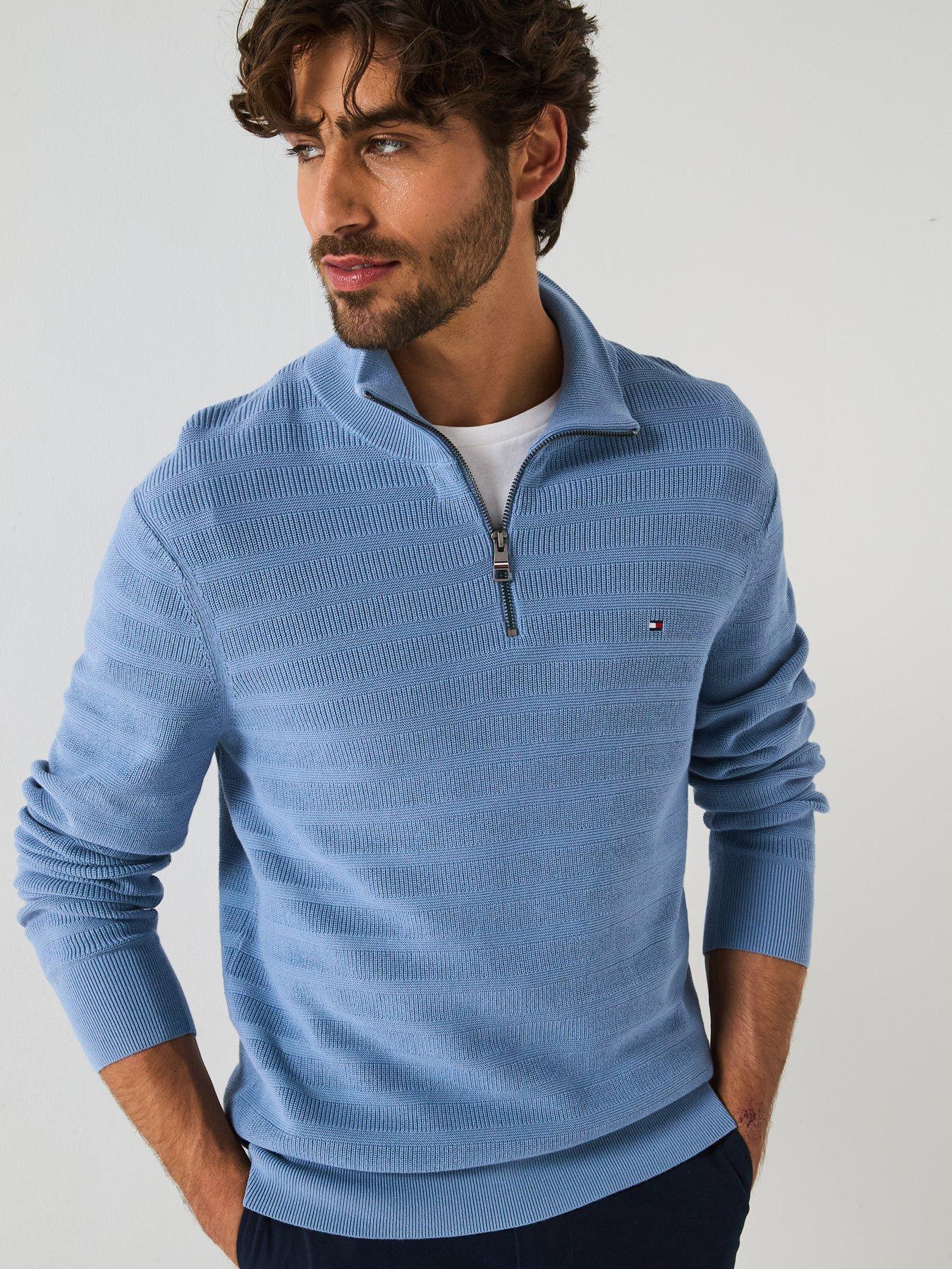 Image 1 of 6 of Tommy Hilfiger Stripe Structure Zip Mock Knitted Jumper - Blue