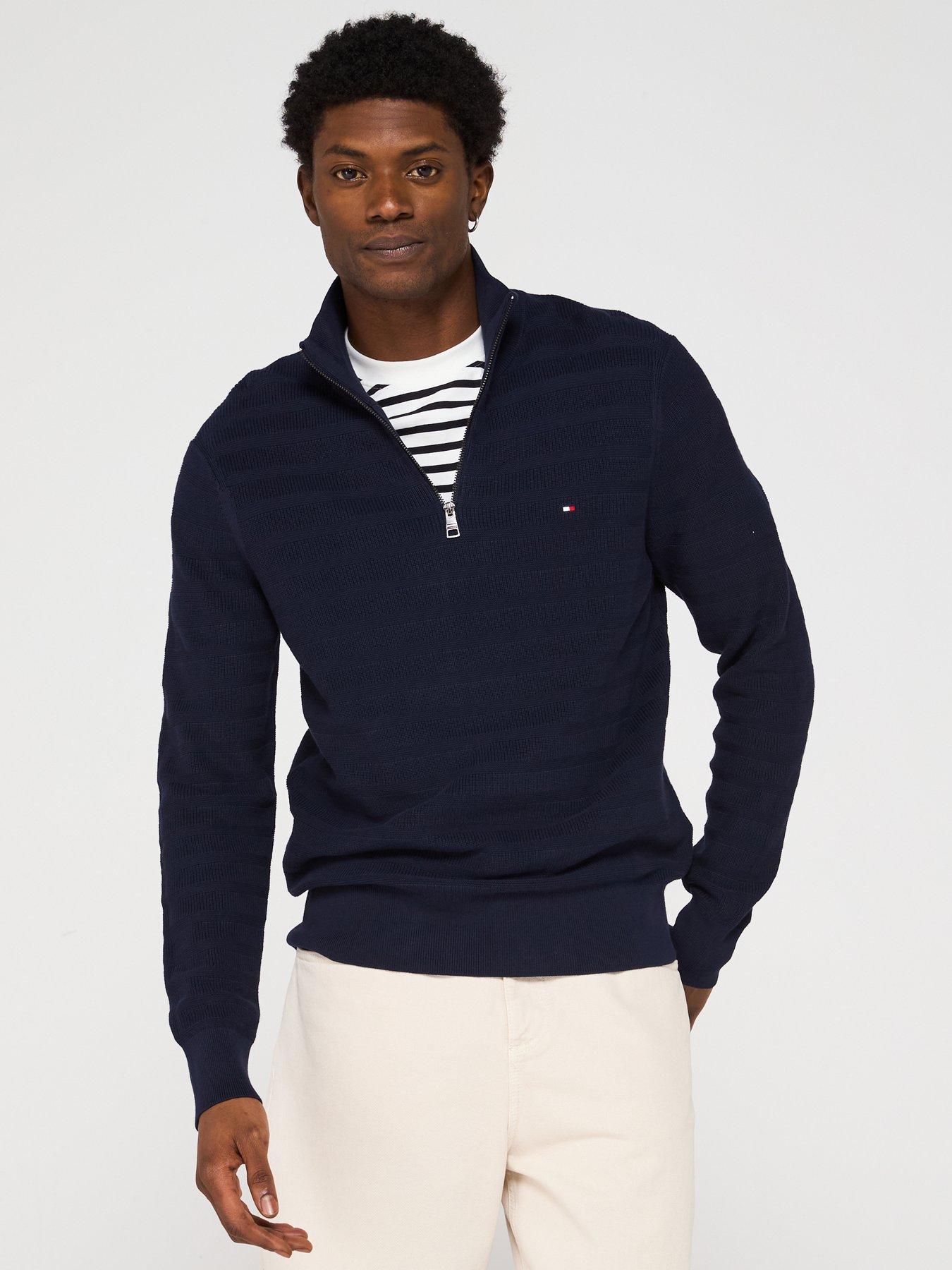 Image 1 of 5 of Tommy Hilfiger Stripe Structure Zip Mock Knitted Jumper - Navy