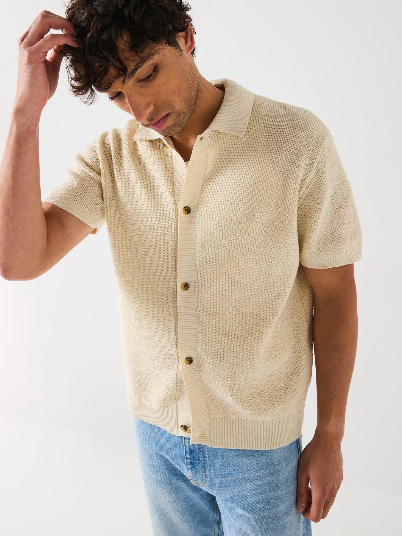 Tommy Jeans 90S Script Button Thru Short Knitted Sleeve Polo Shirt - Beige