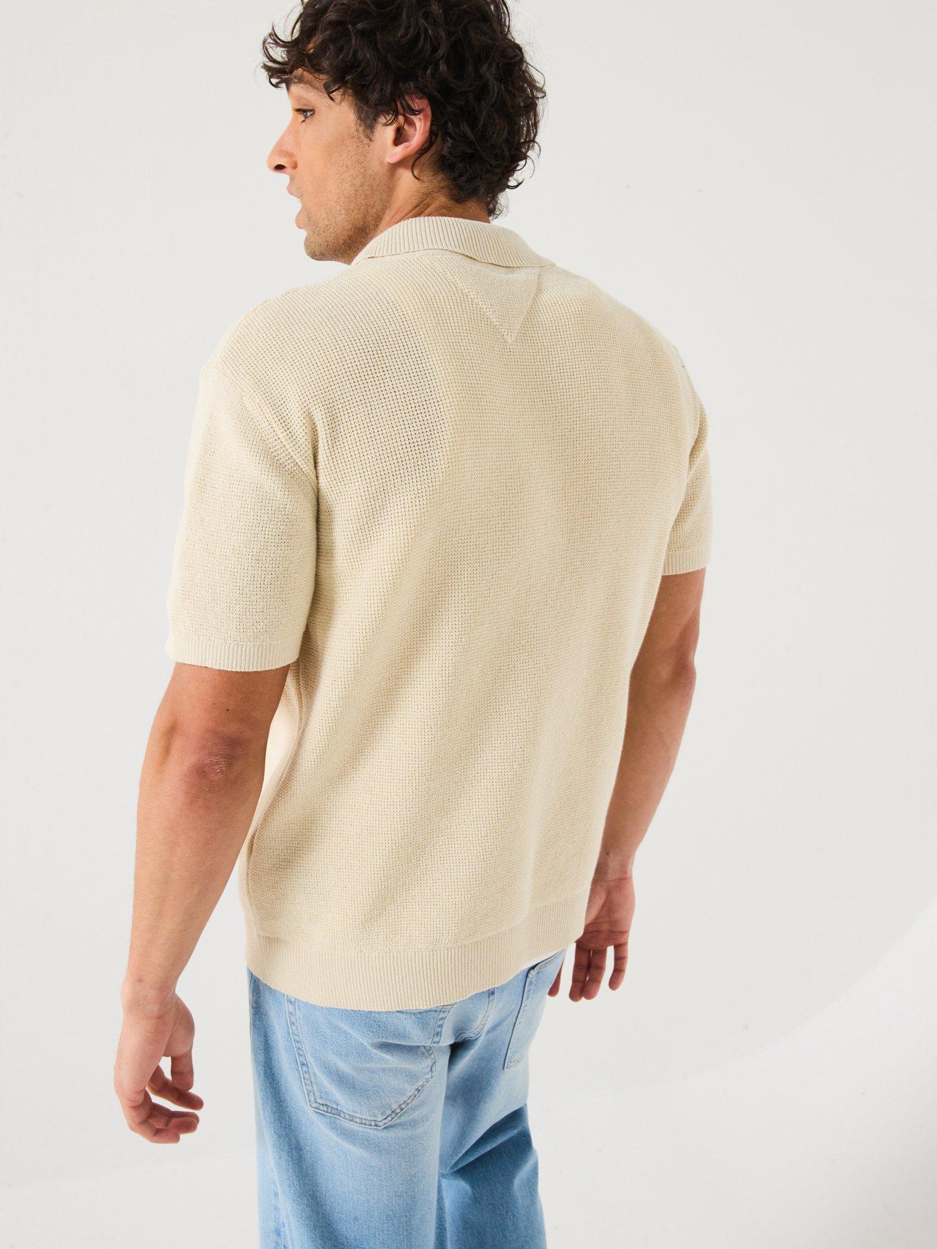 tommy-jeans-90s-script-button-thru-short-knitted-sleeve-polo-shirt-beigestillFront