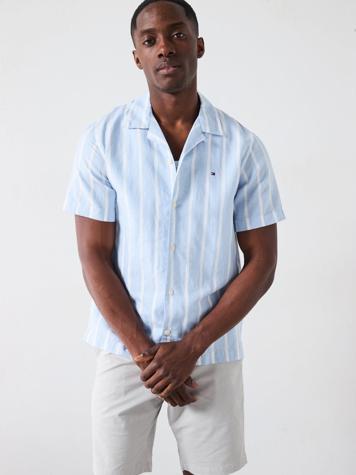undefined Linen Blend Striped Short Sleeve Regular Fit Shirt - Blue