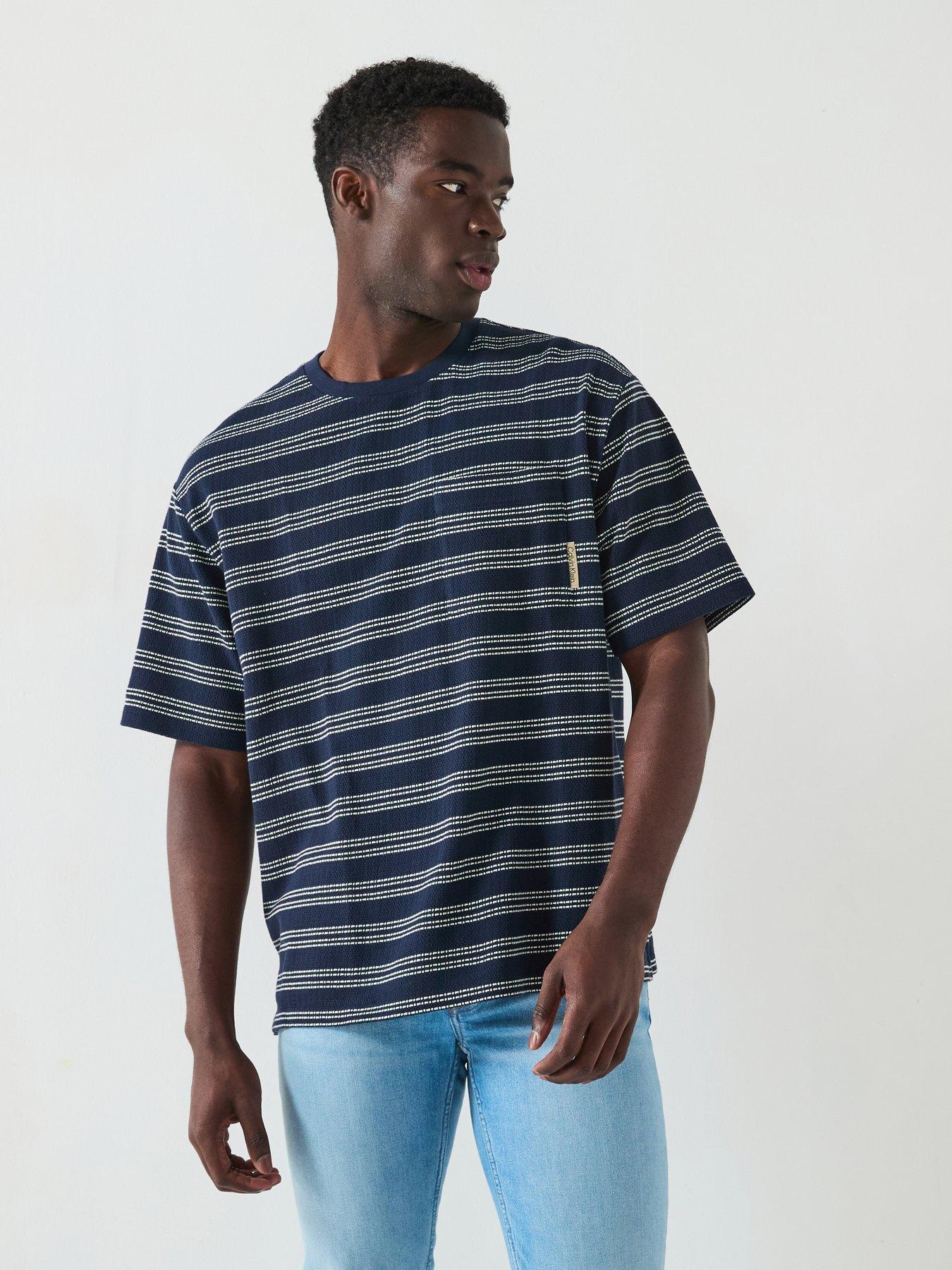 Calvin Klein Jeans Short Sleeve Stripe Jacquard Relaxed Fit Pocket T-Shirt - Navy