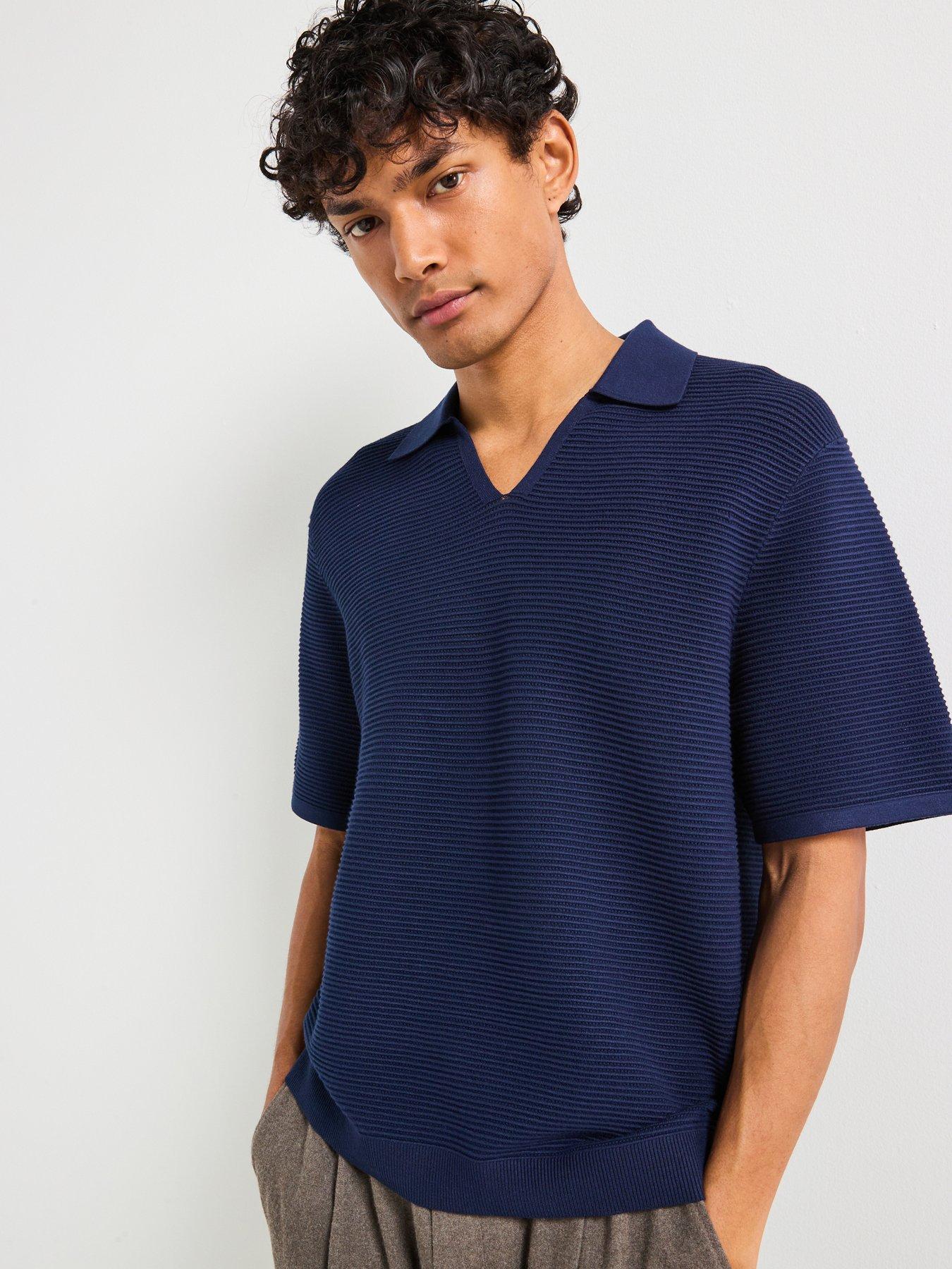 Calvin Klein Textured Revere Collar Knitted Polo Shirt - Navy