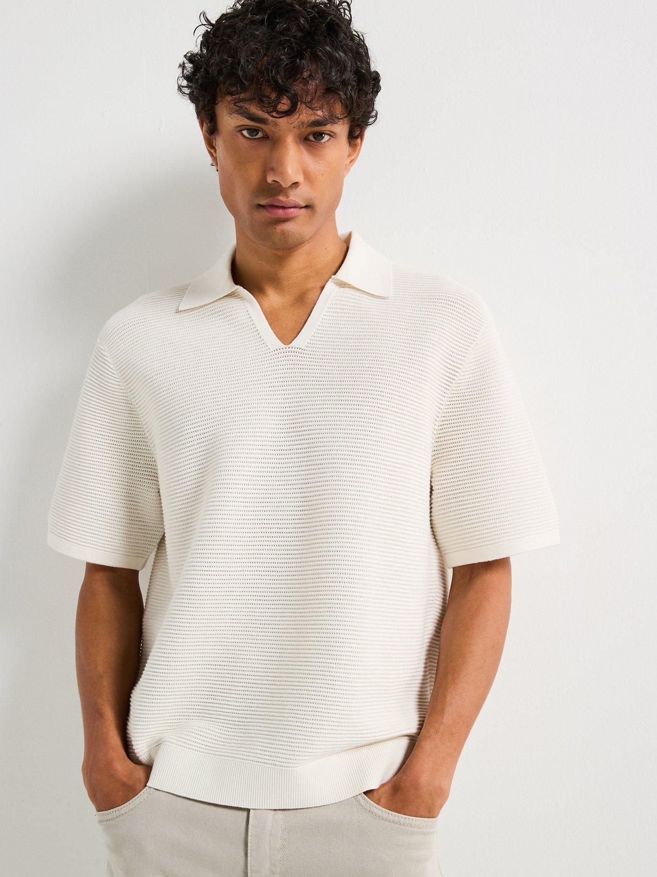 Calvin Klein Textured Revere Collar Knitted Polo Shirt - Off White