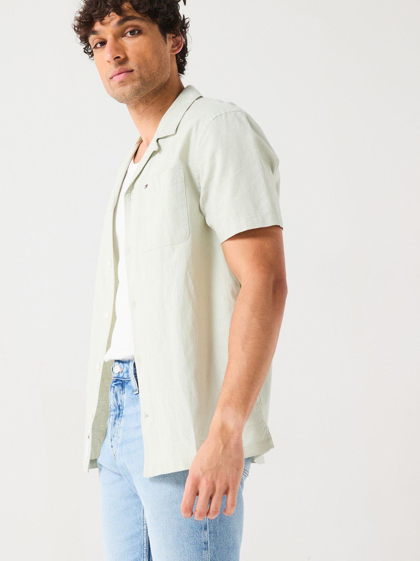 Image 1 of 6 of Tommy Jeans Linen Blend Camp Short Sleeve Shirt - Light Green