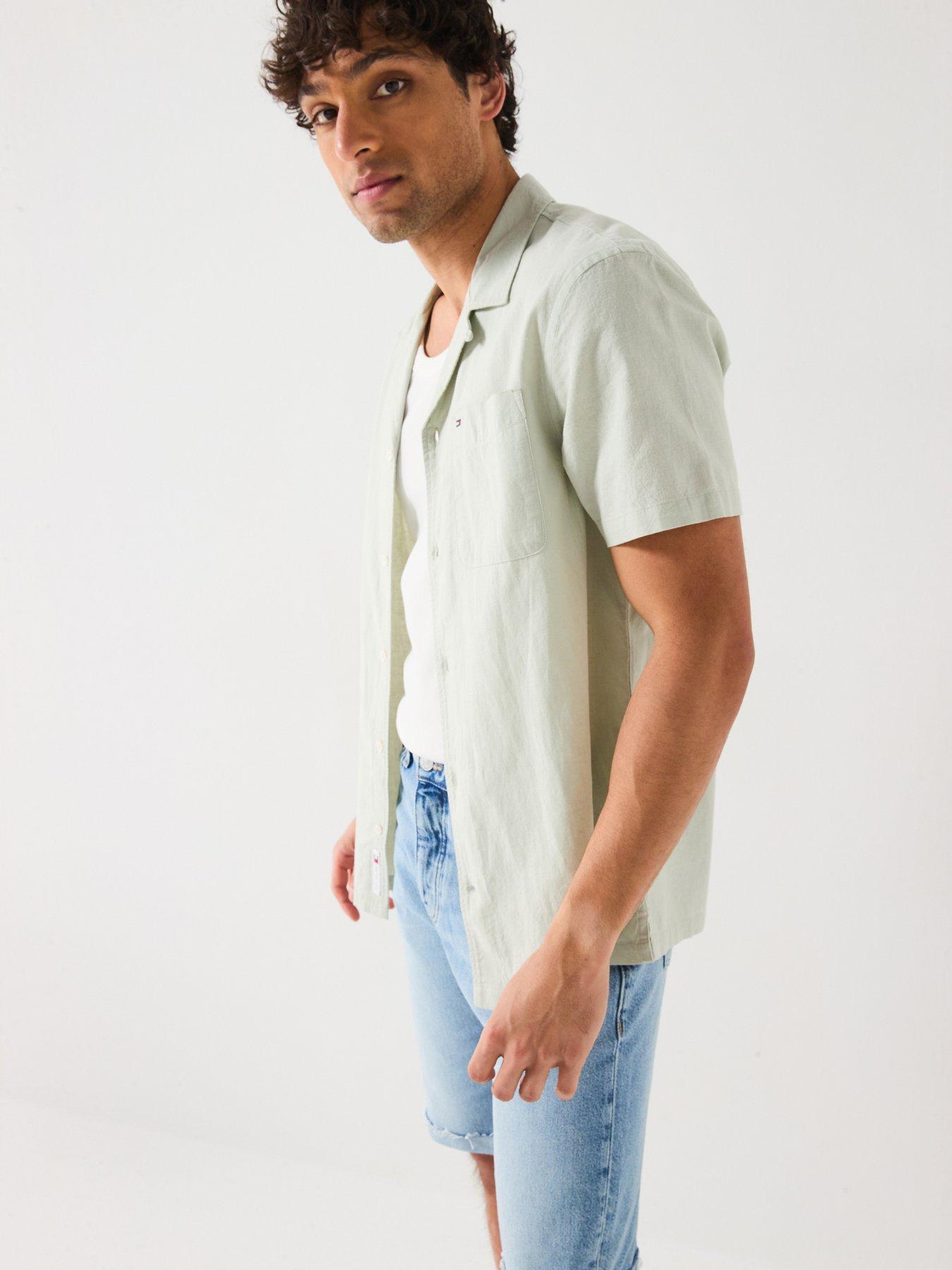Image 6 of 6 of Tommy Jeans Linen Blend Camp Short Sleeve Shirt - Light Green