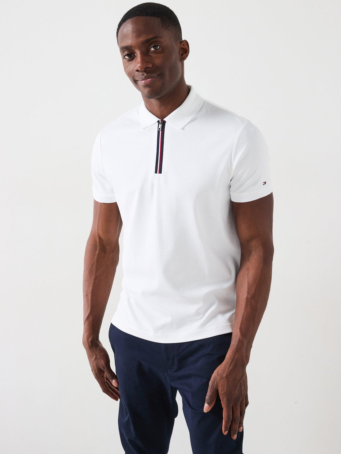 Image 1 of 6 of Tommy Hilfiger Interlock Zip Regular Fit Polo Shirt - White