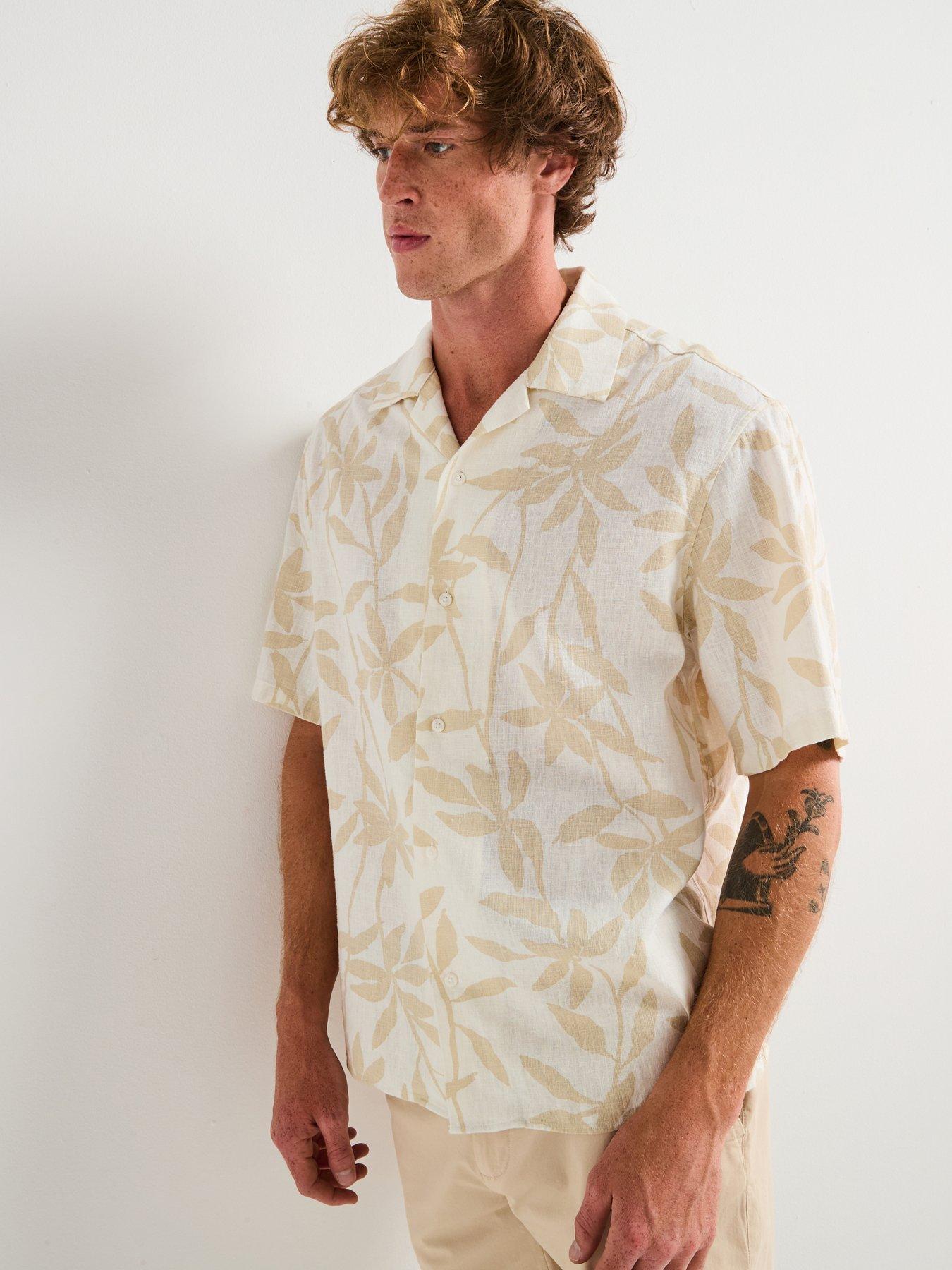 Calvin Klein Calvin Klein Revere Collar Printed Linen Short Sleeve Shirt - Light Beige