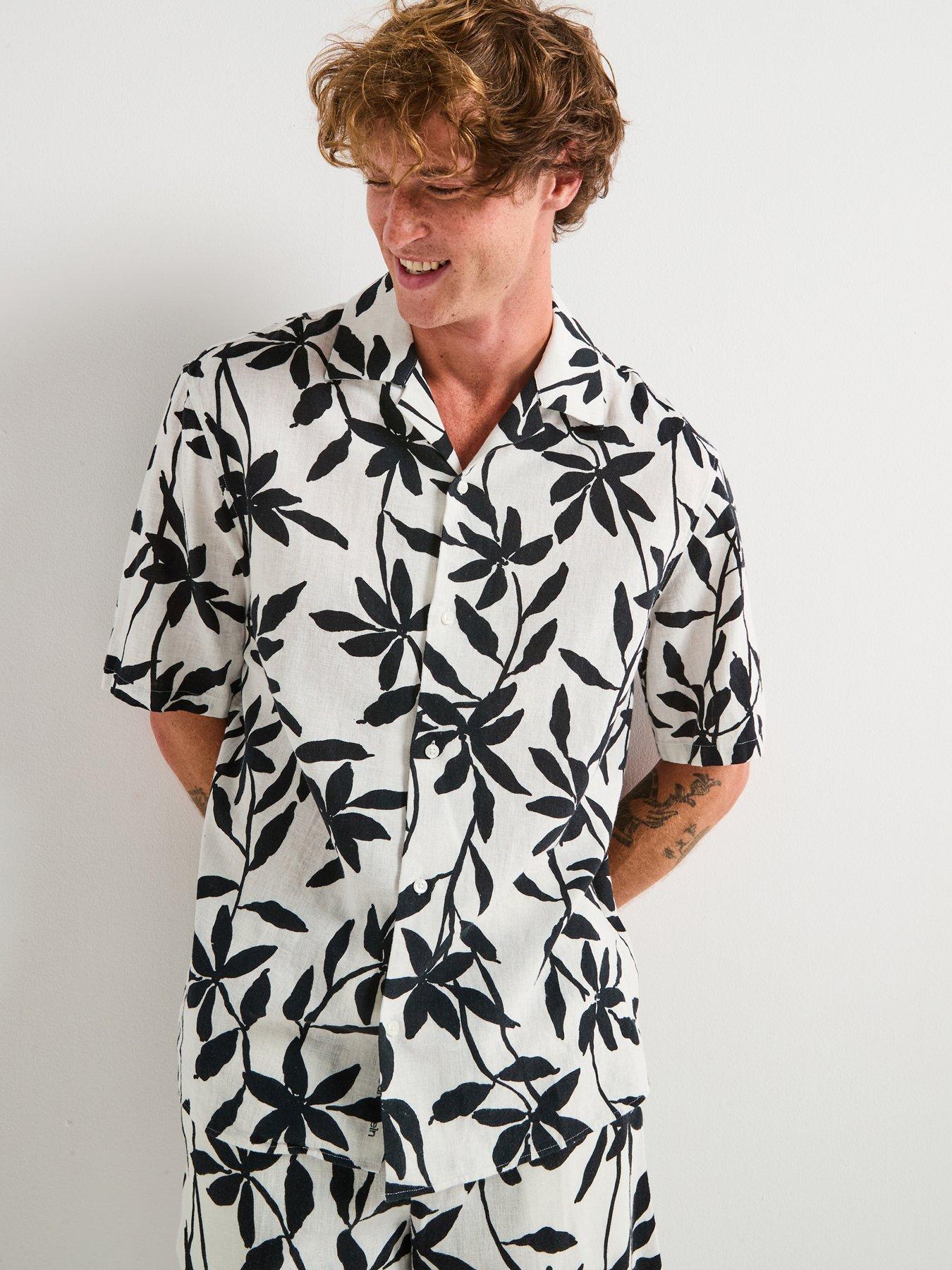 Calvin Klein Calvin Klein Revere Collar Printed Linen Short Sleeve Shirt - White