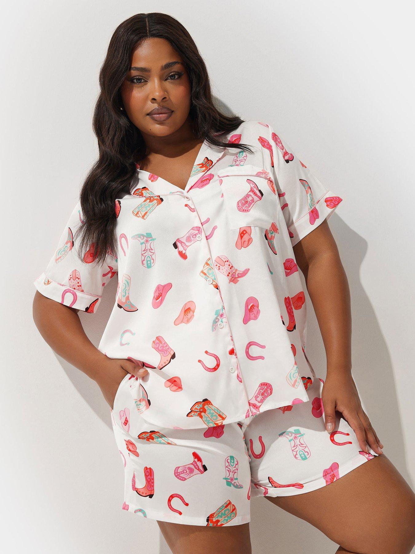undefined Curve Satin Western Shirt And Short Set - White