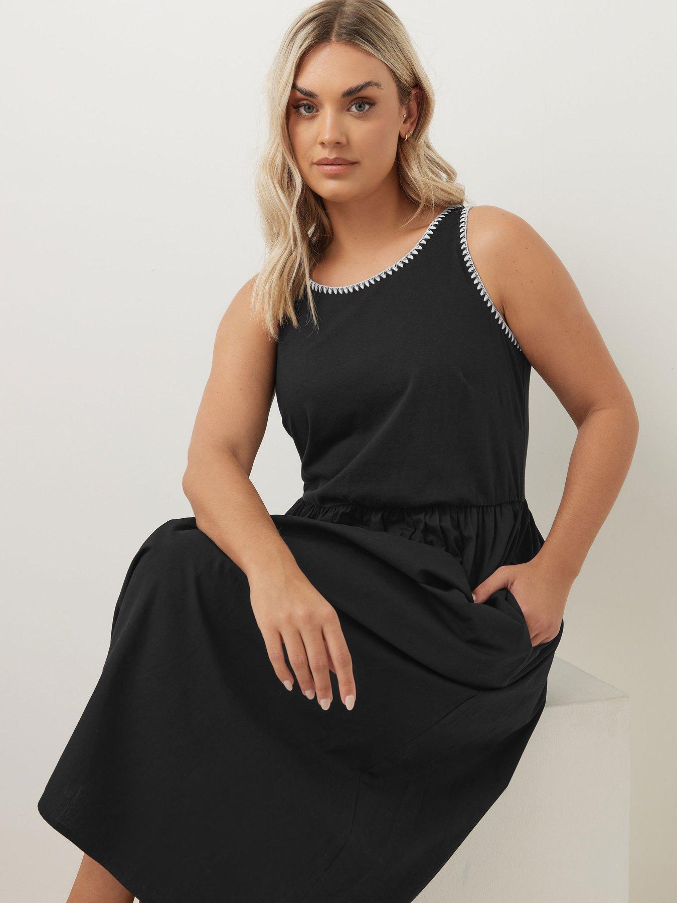 Image 4 of 4 of Yours Curve Poplin Blanket Stitch Dress - Black