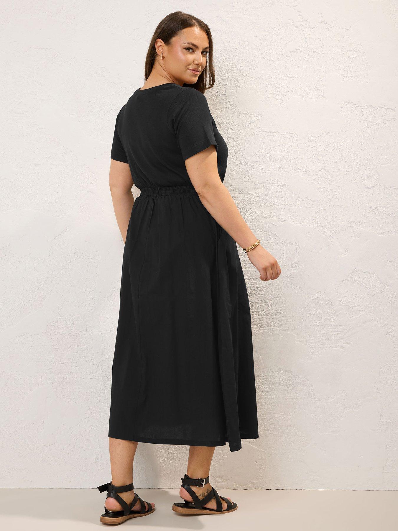 yours-curve-mixed-fabric-midaxi-dress-blackstillFront