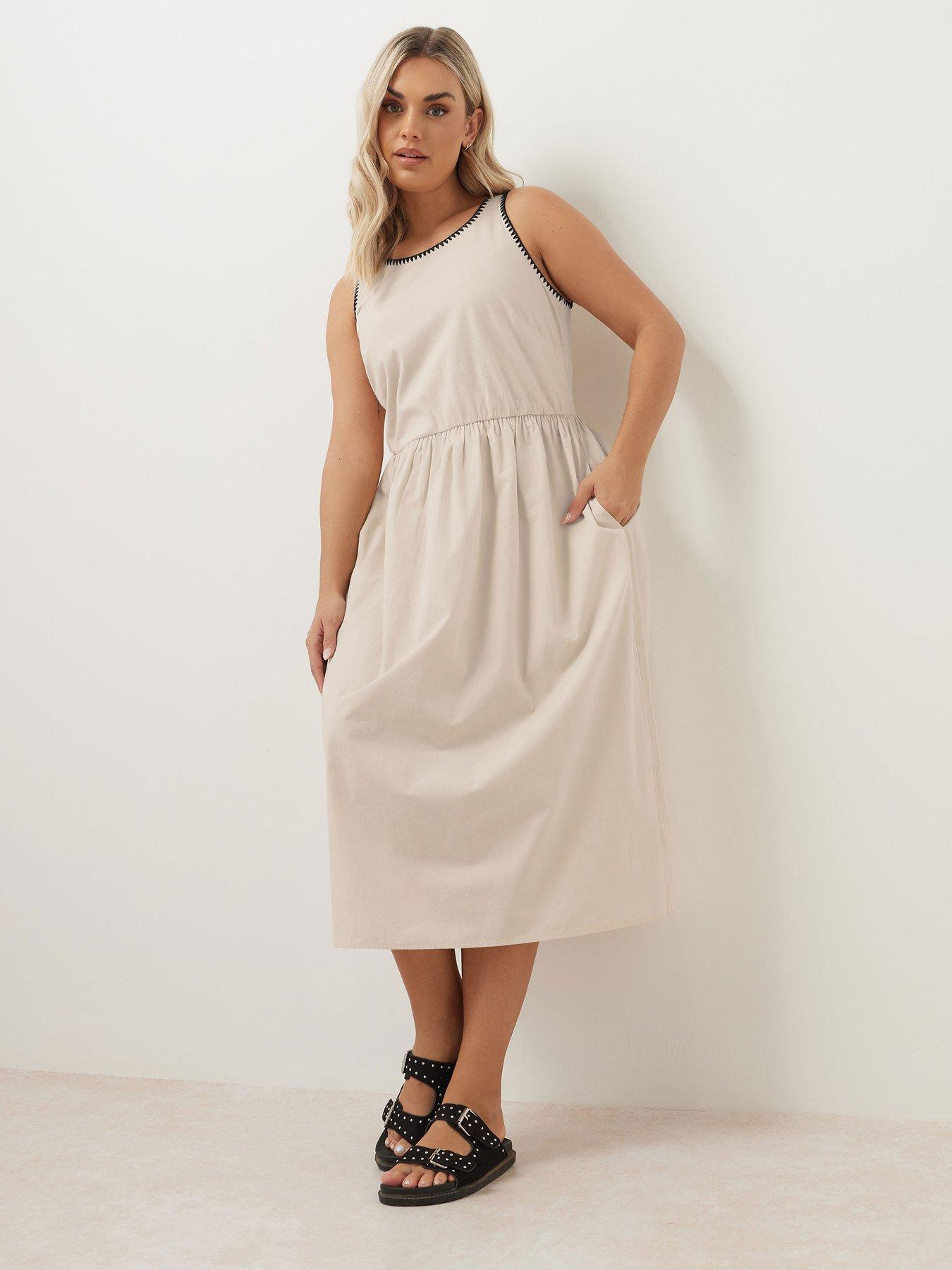 Image 1 of 4 of Yours Curve Poplin Blanket Stitch Dress - Natural