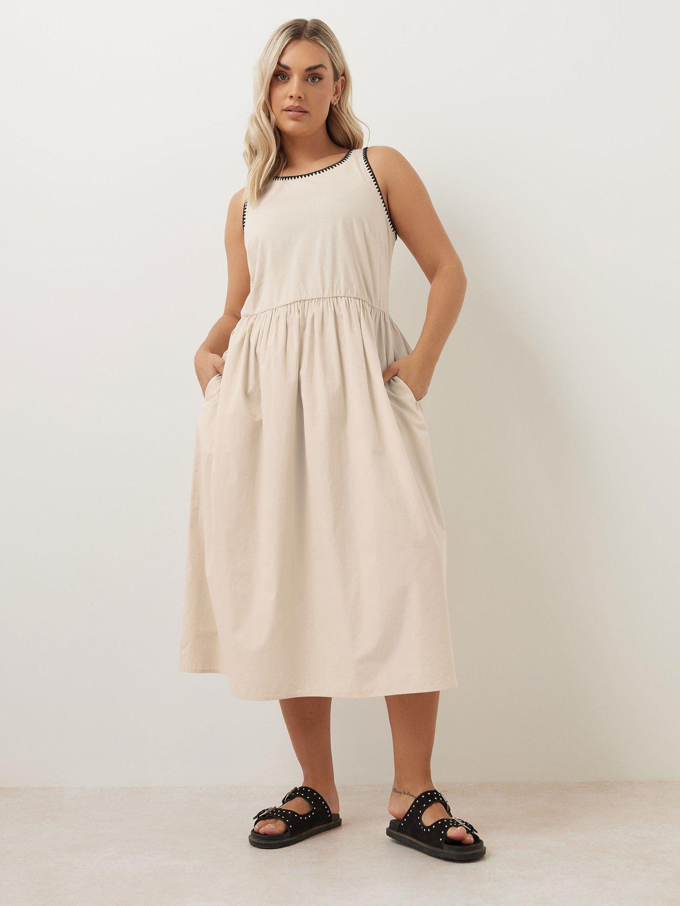 Image 3 of 4 of Yours Curve Poplin Blanket Stitch Dress - Natural
