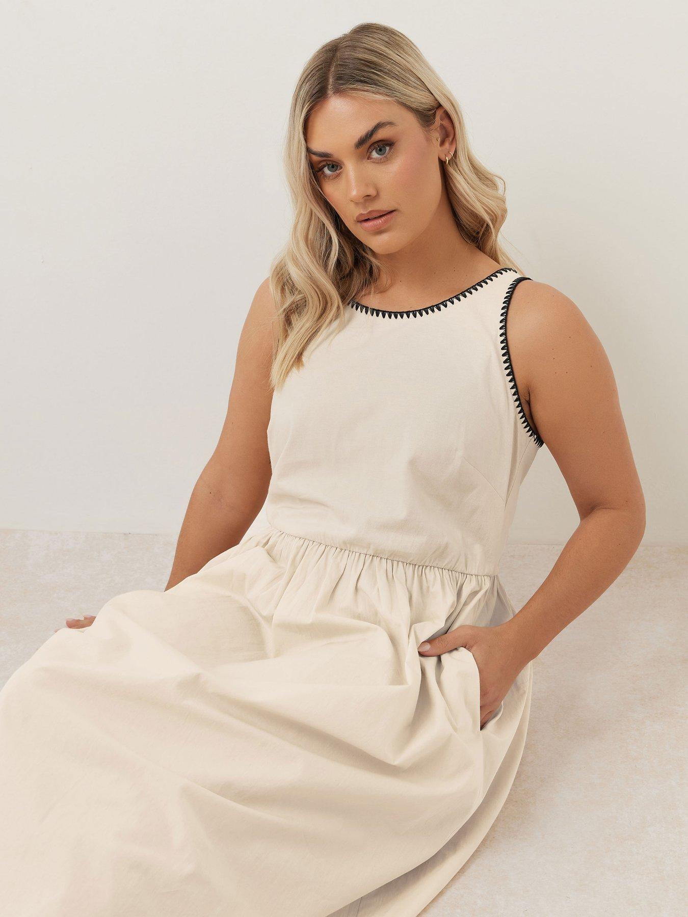 Image 4 of 4 of Yours Curve Poplin Blanket Stitch Dress - Natural