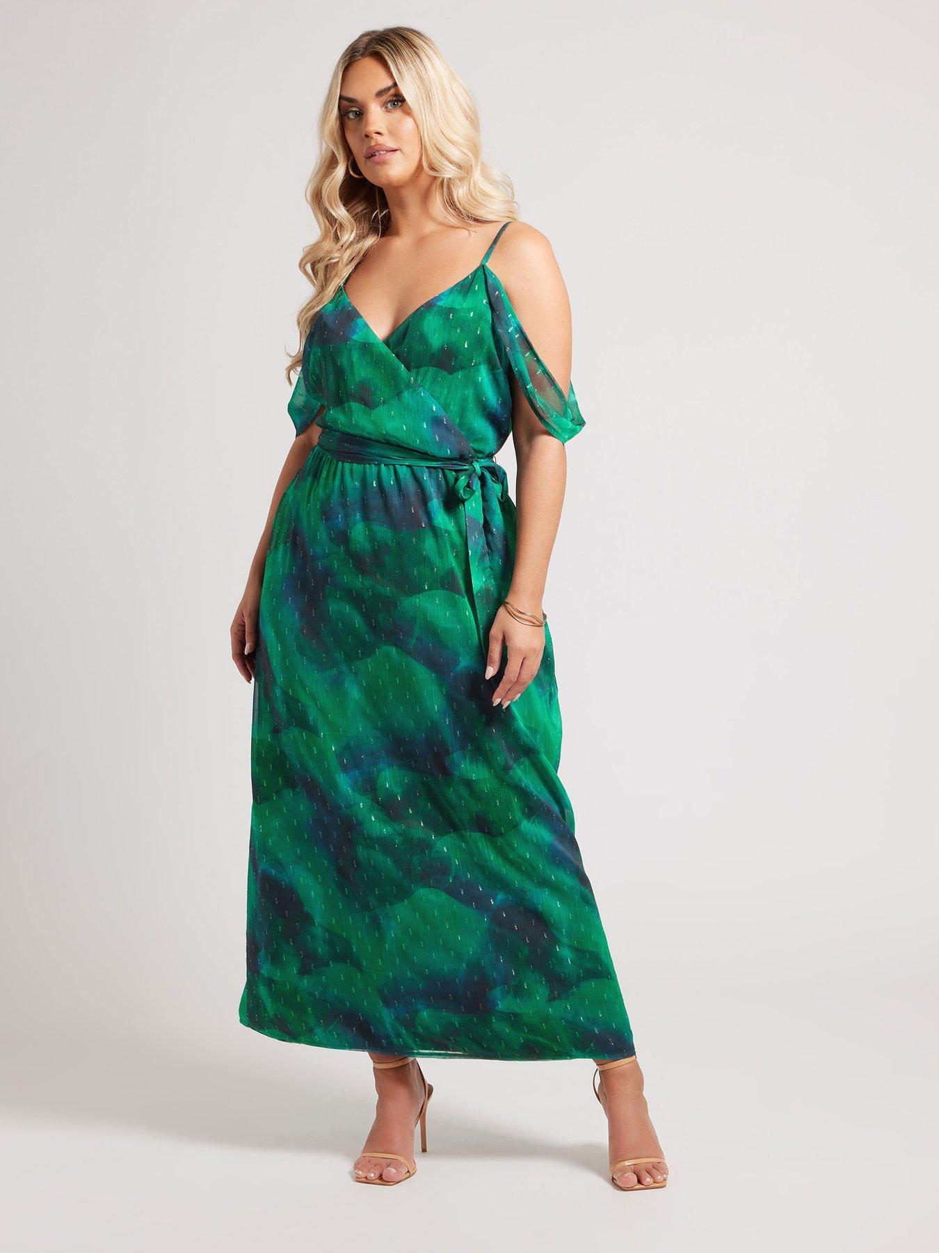 yours-curve-abstract-print-metallic-cold-shoulder-dress-green