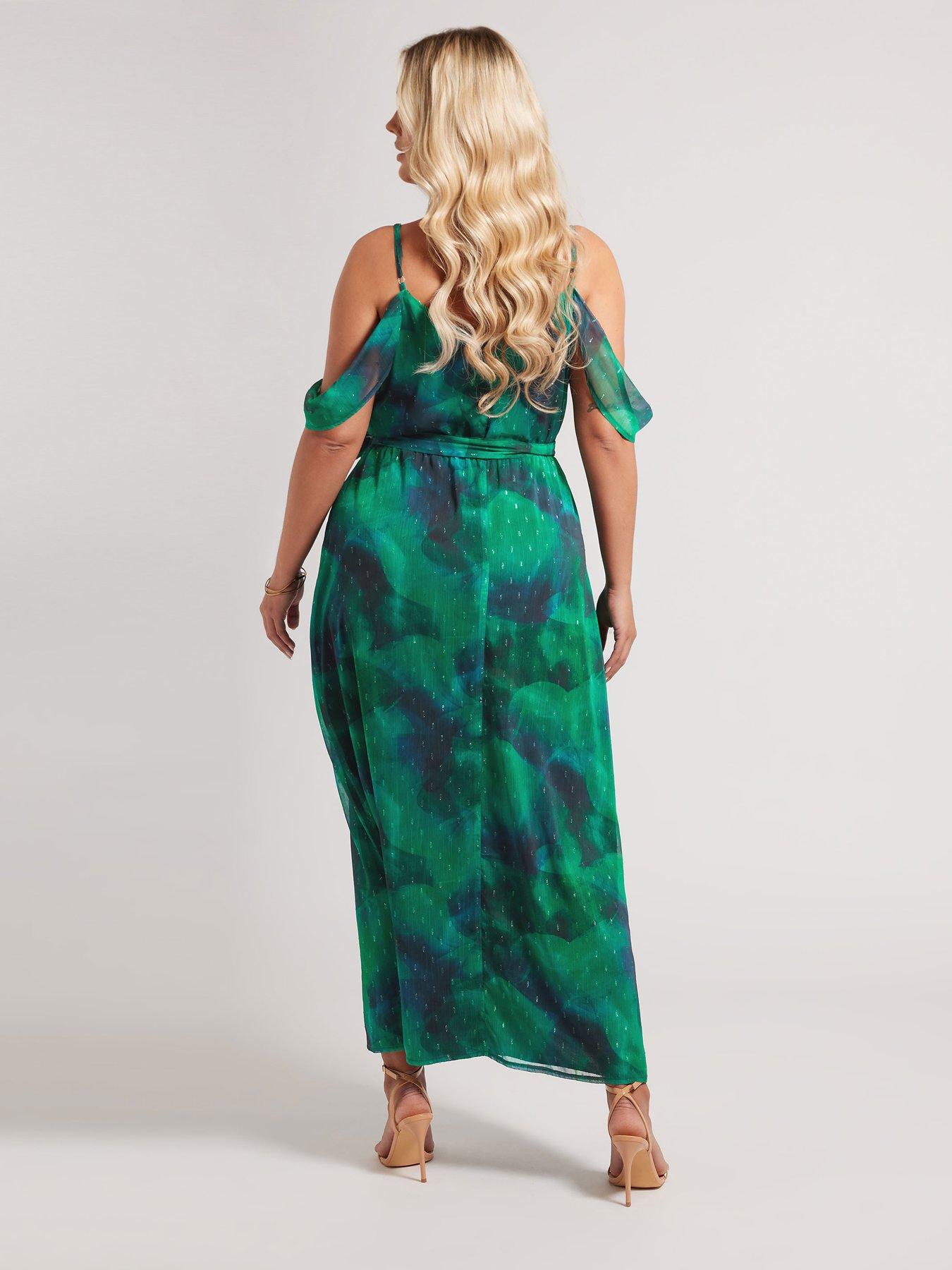 yours-curve-abstract-print-metallic-cold-shoulder-dress-greenstillFront