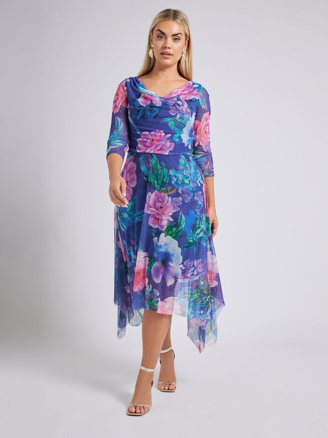 yours-curve-floral-mesh-cowl-neck-hanky-hem-dress